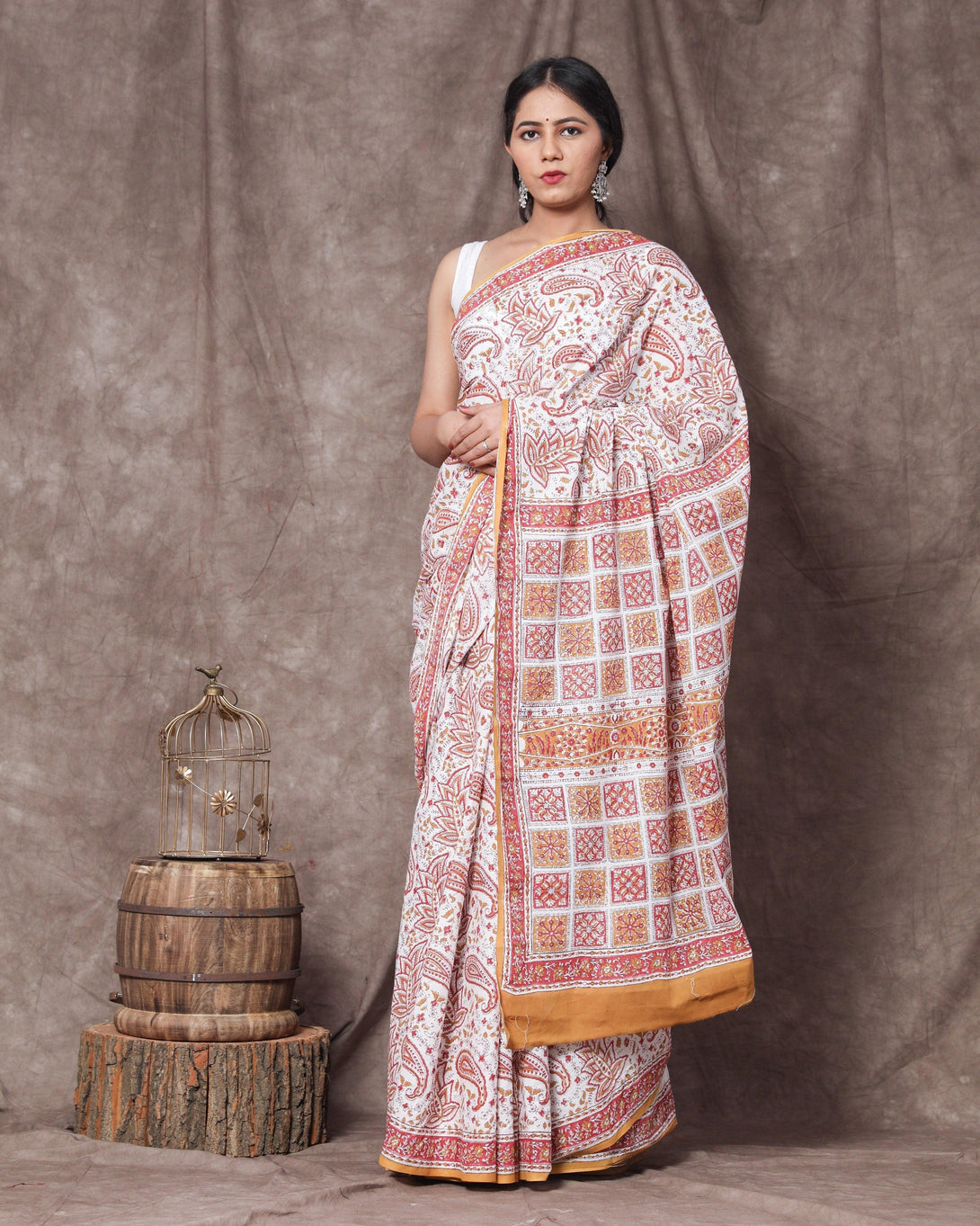 Women's Ekta Handblock Mul Saree with Blouse Piece - Baisacrafts - Indiakreations