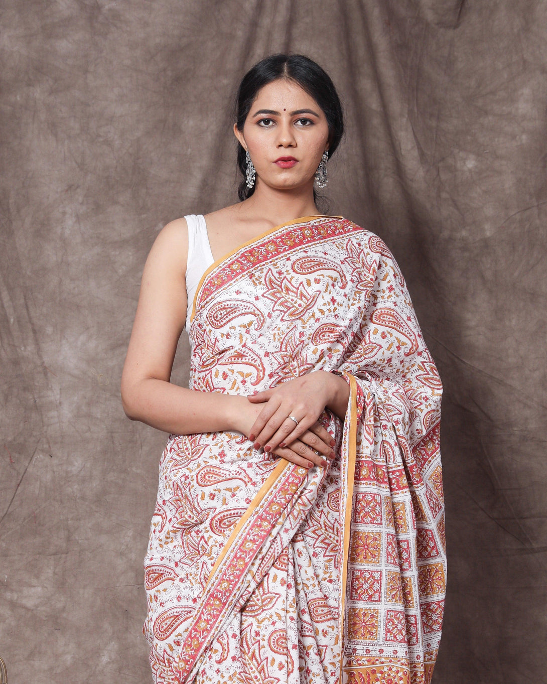 Women's Ekta Handblock Mul Saree with Blouse Piece - Baisacrafts - Indiakreations