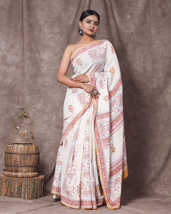 Women's Rajani Handblock Mul Saree with Blouse Piece - Baisacrafts - Indiakreations