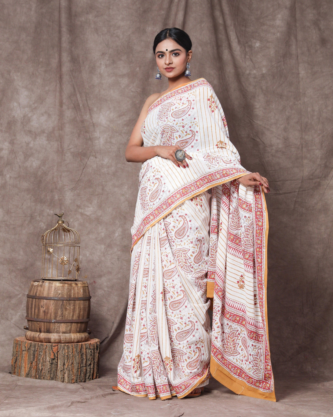 Women's Rajani Handblock Mul Saree with Blouse Piece - Baisacrafts - Indiakreations