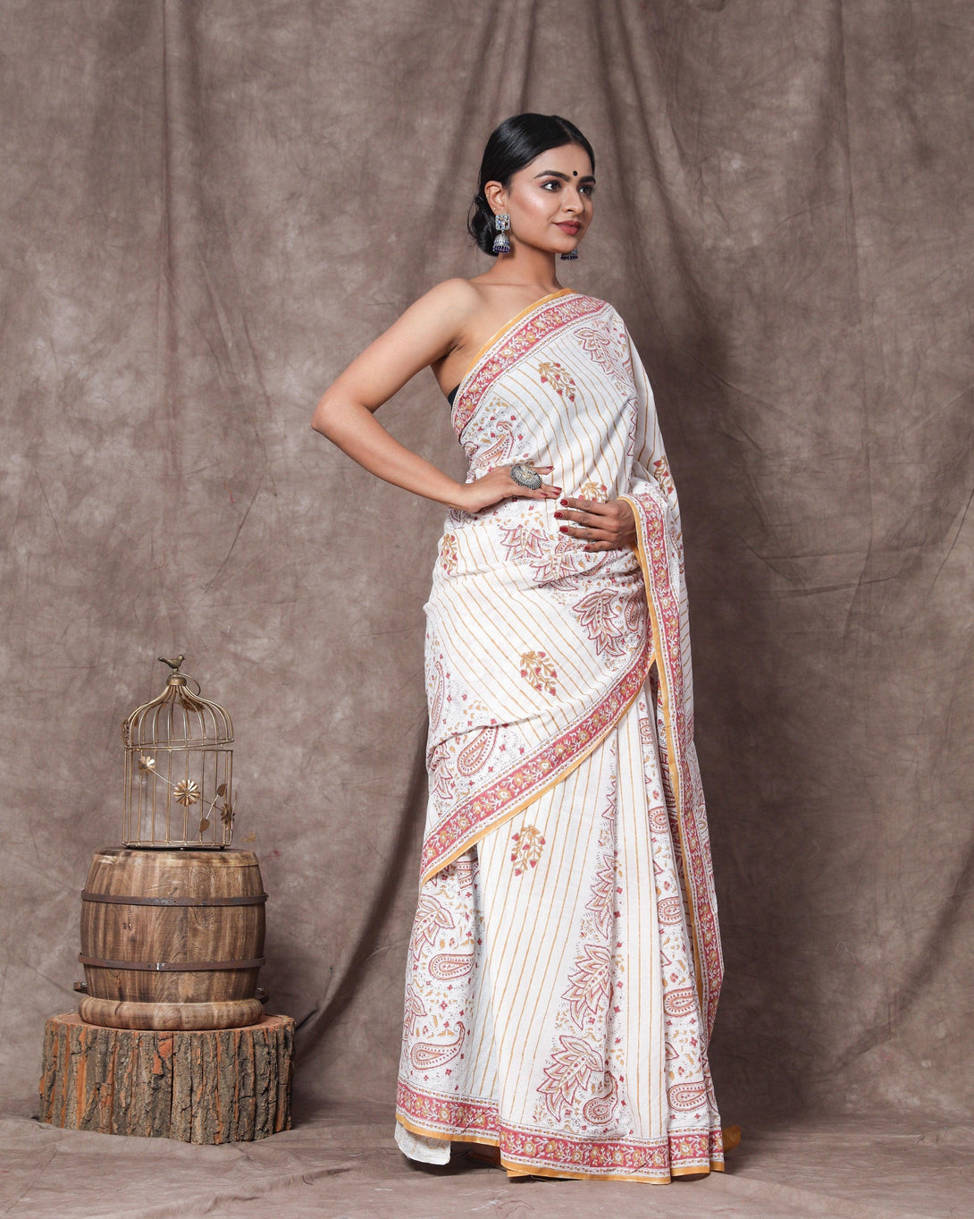 Women's Rajani Handblock Mul Saree with Blouse Piece - Baisacrafts - Indiakreations