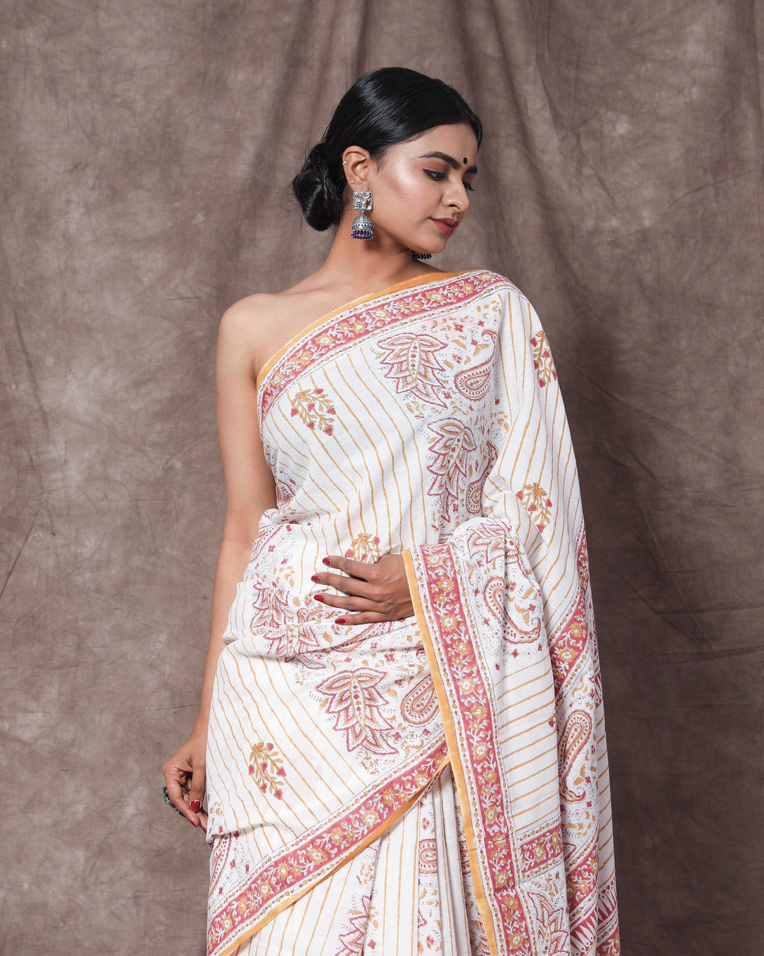 Women's Rajani Handblock Mul Saree with Blouse Piece - Baisacrafts - Indiakreations