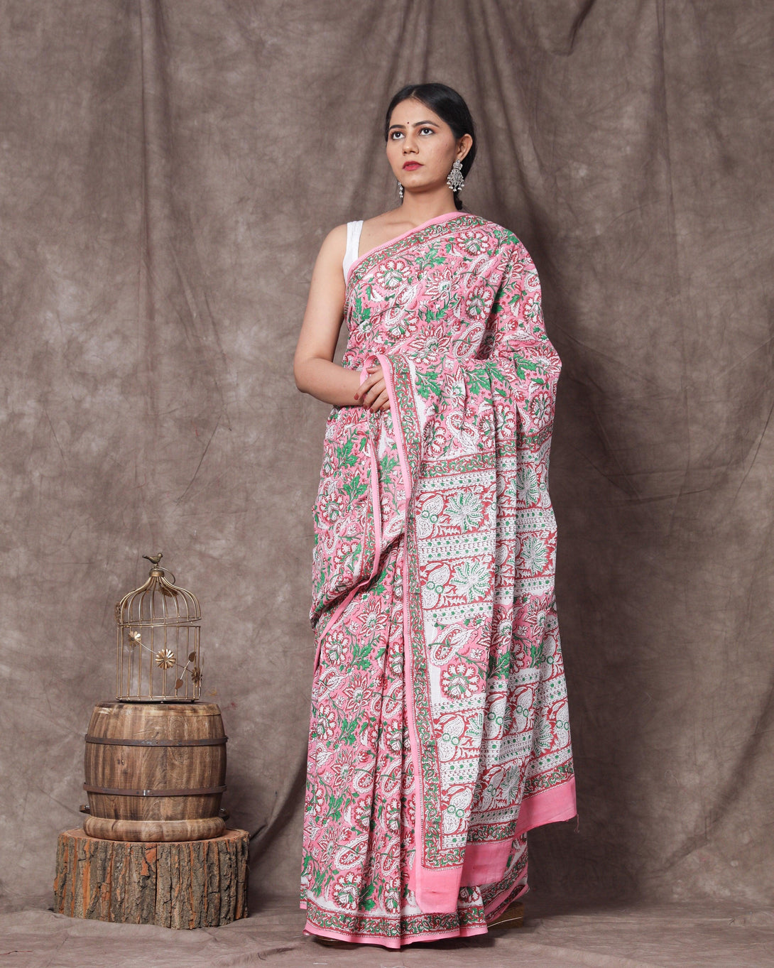 Women's Deepti Handblock Mul Saree with Blouse Piece - Baisacrafts - Indiakreations