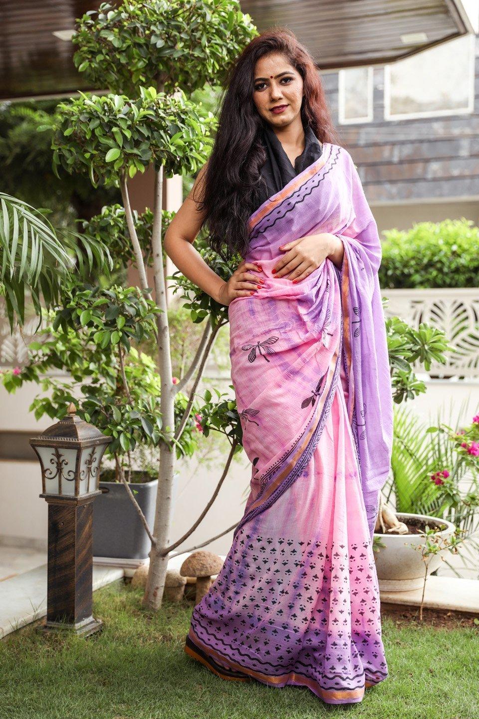 Women's Baby Pink & Purple Half Half Hand Block Print Mul Saree with Blouse Piece - Baisacrafts - Indiakreations