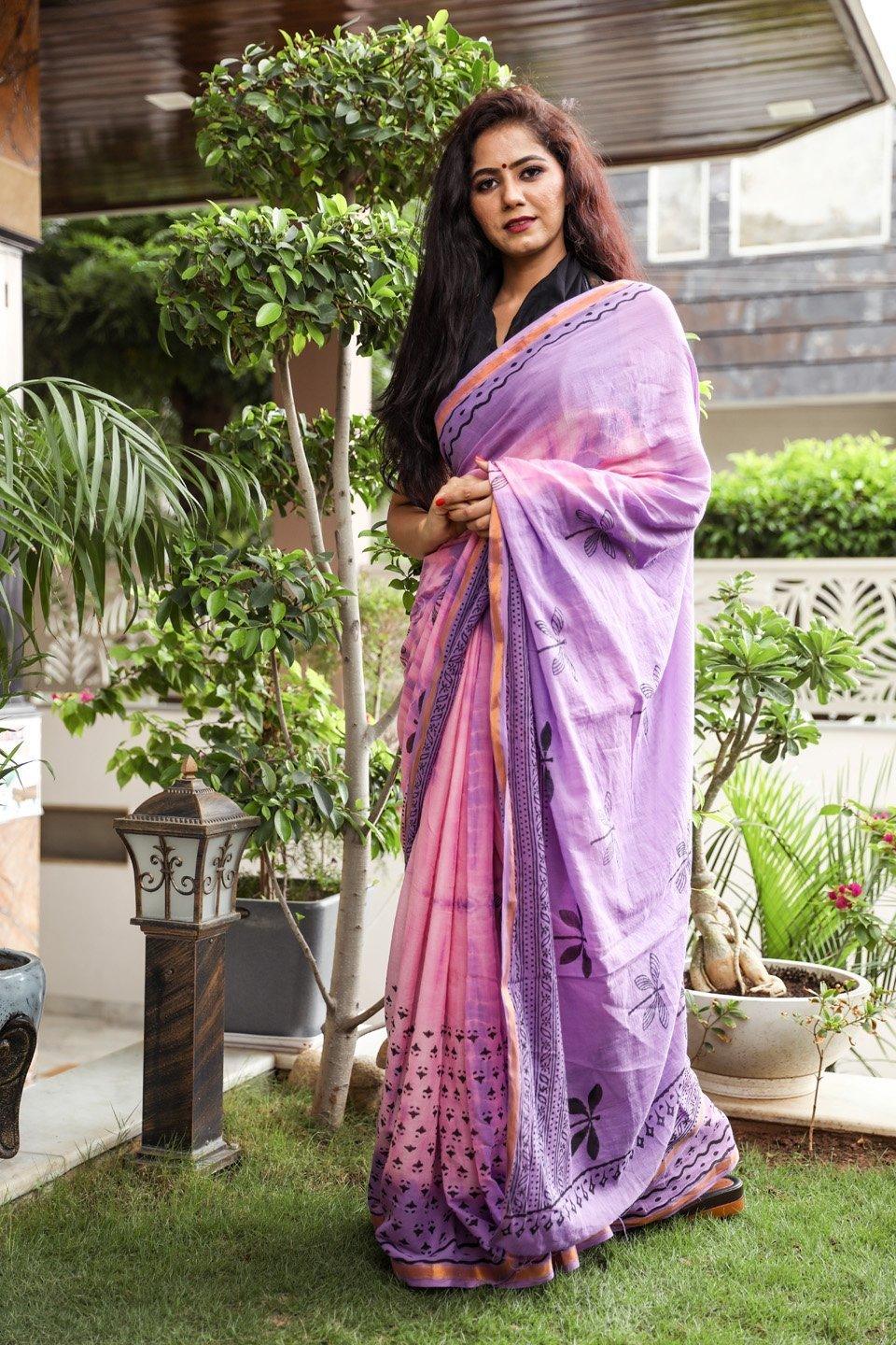 Women's Baby Pink & Purple Half Half Hand Block Print Mul Saree with Blouse Piece - Baisacrafts - Indiakreations