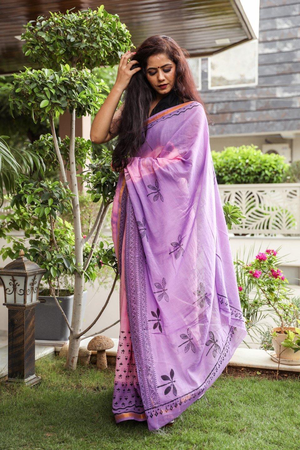 Women's Baby Pink & Purple Half Half Hand Block Print Mul Saree with Blouse Piece - Baisacrafts - Indiakreations