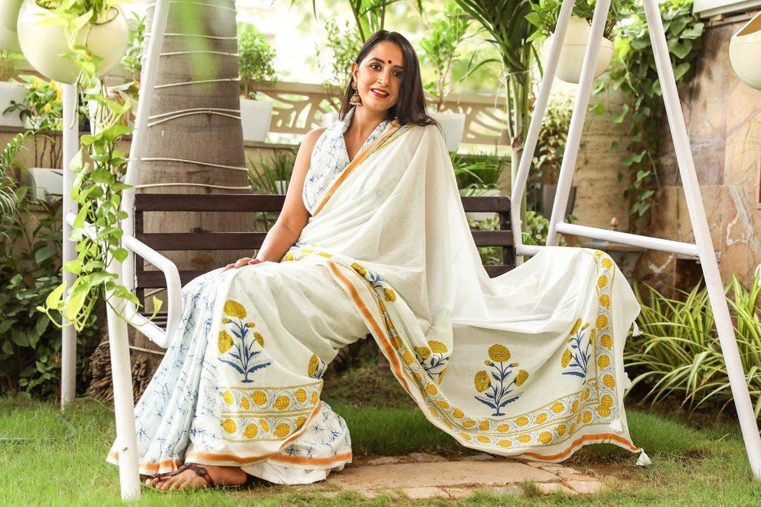 Women's Ivory Merygold Hand Block Print Mul Saree with Blouse Piece - Baisacrafts - Indiakreations