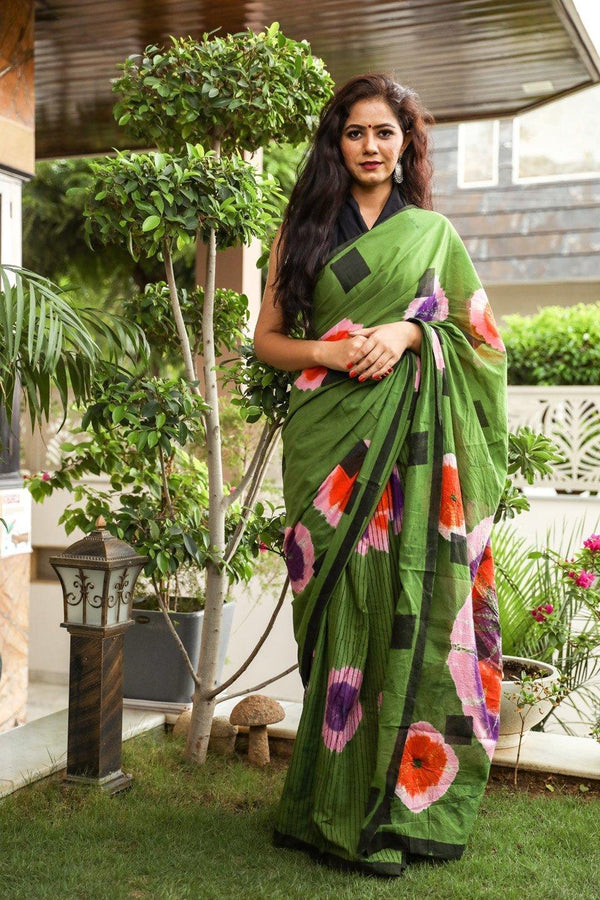 Women's Green Hand Block Print Mul Saree with Blouse Piece - Baisacrafts - Indiakreations