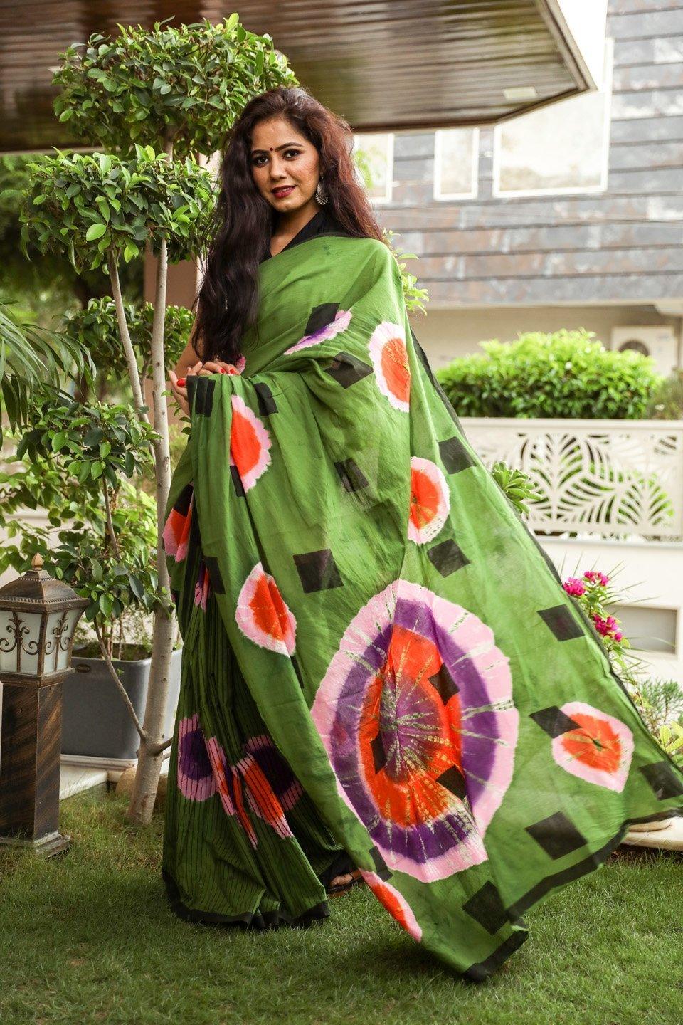 Women's Green Hand Block Print Mul Saree with Blouse Piece - Baisacrafts - Indiakreations