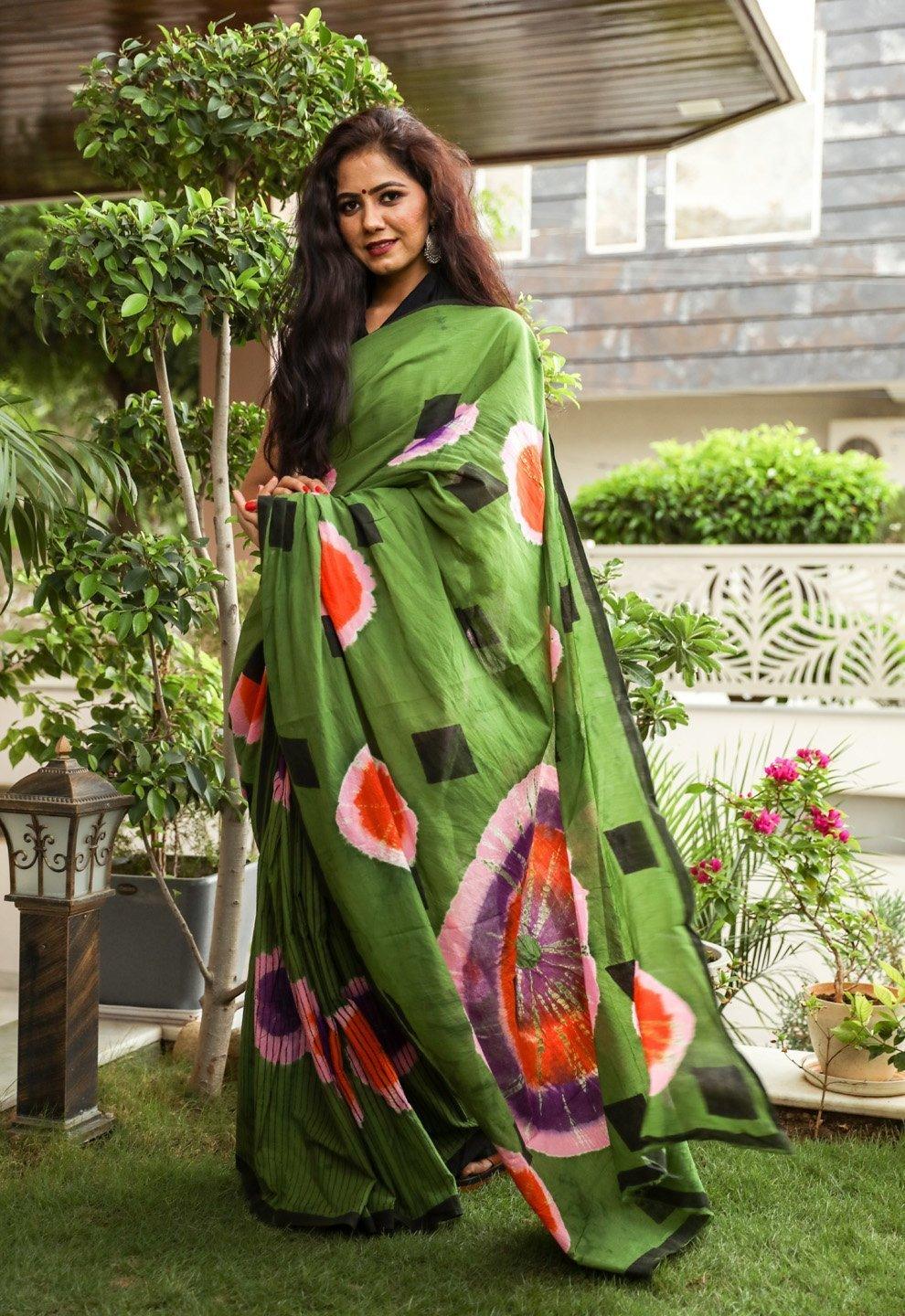 Women's Green Hand Block Print Mul Saree with Blouse Piece - Baisacrafts - Indiakreations