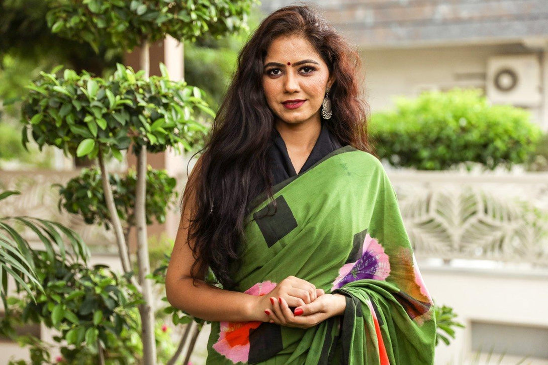 Women's Green Hand Block Print Mul Saree with Blouse Piece - Baisacrafts - Indiakreations