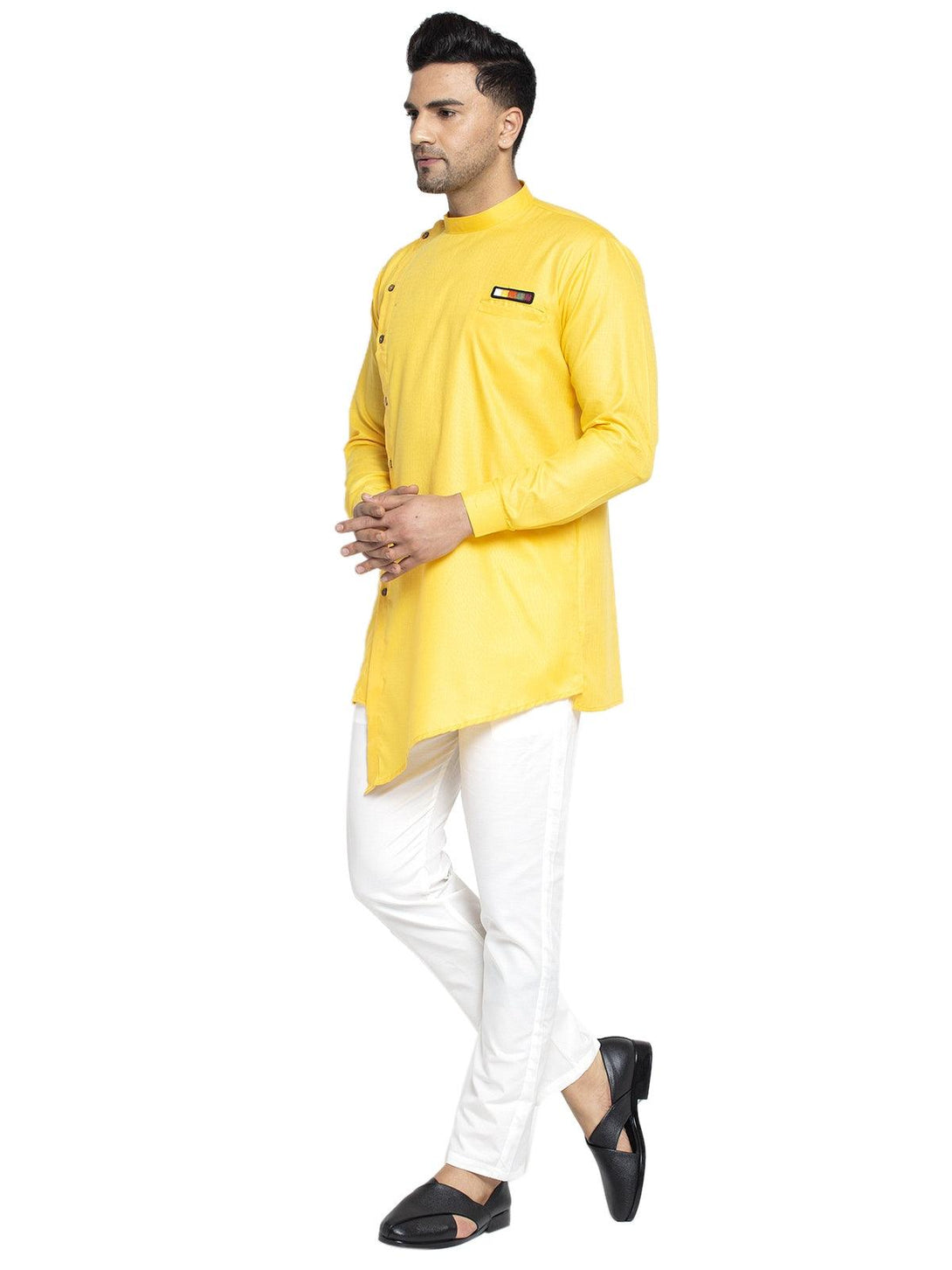 Men's Cotton Yellow Asymmetric Solid Kurta With White Trousers - Benstoke - Indiakreations