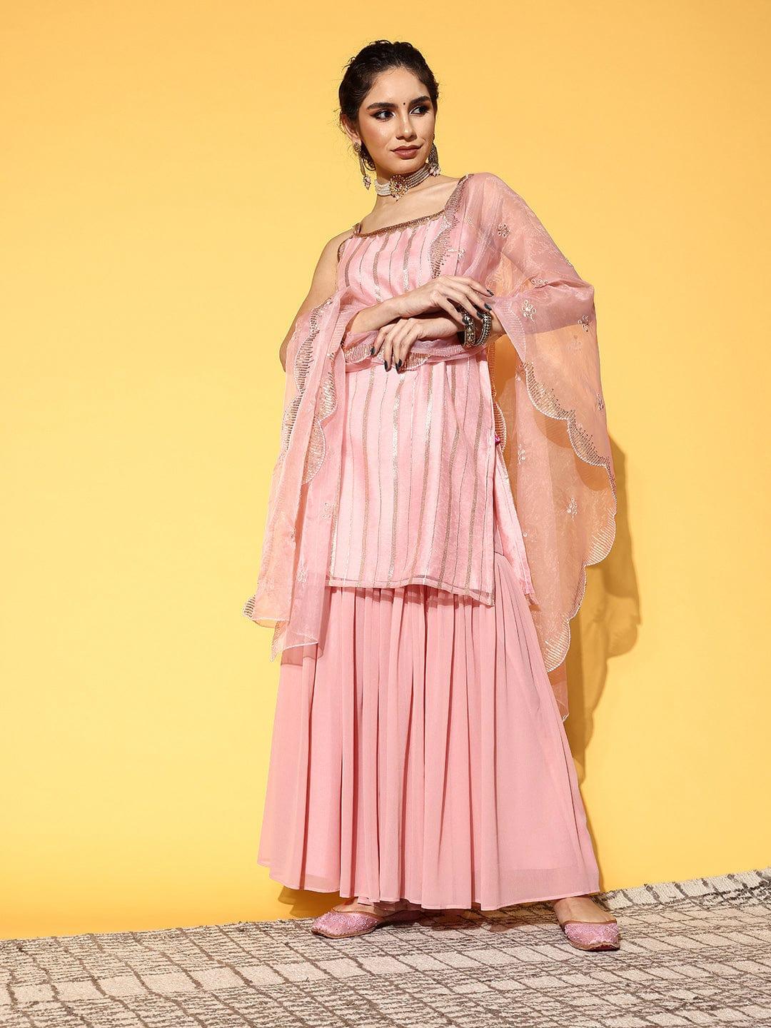 Varanga Women Peach-Coloured Striped Kurta with Sharara & Dupatta - Indiakreations