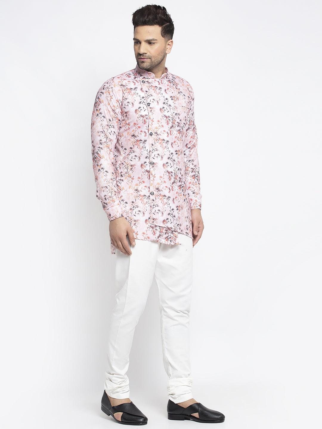 Men's Pink & Multi Printed Short Kurta With White Pyjama - Benstoke - Indiakreations