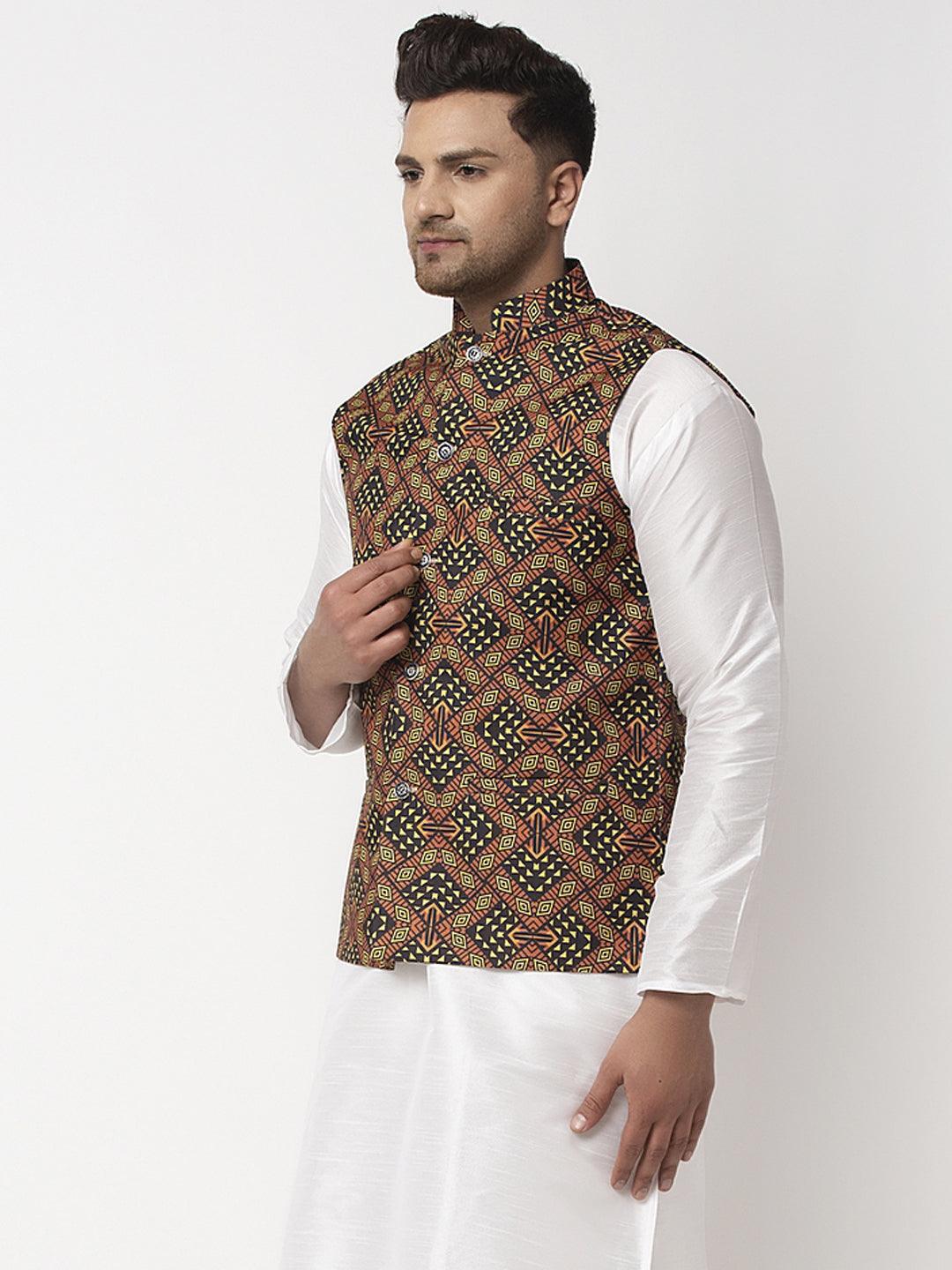 Men's Black & Brown Printed Nehru Jacket - Benstoke - Indiakreations