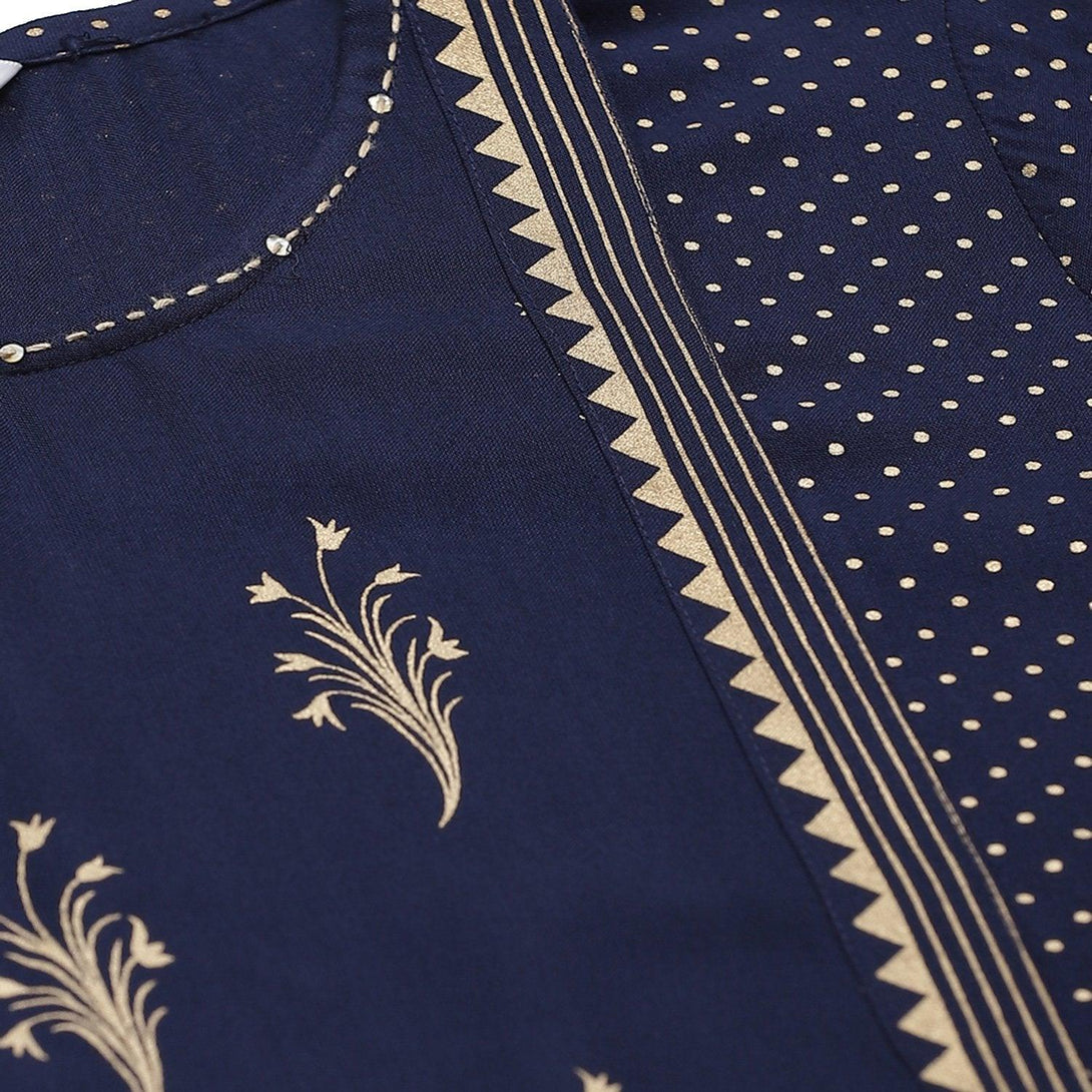 Women's Navy Blue Rayon Gold Print Printed 3/4 Sleeve Round Neck Casual Kurta Only - Myshka - Indiakreations