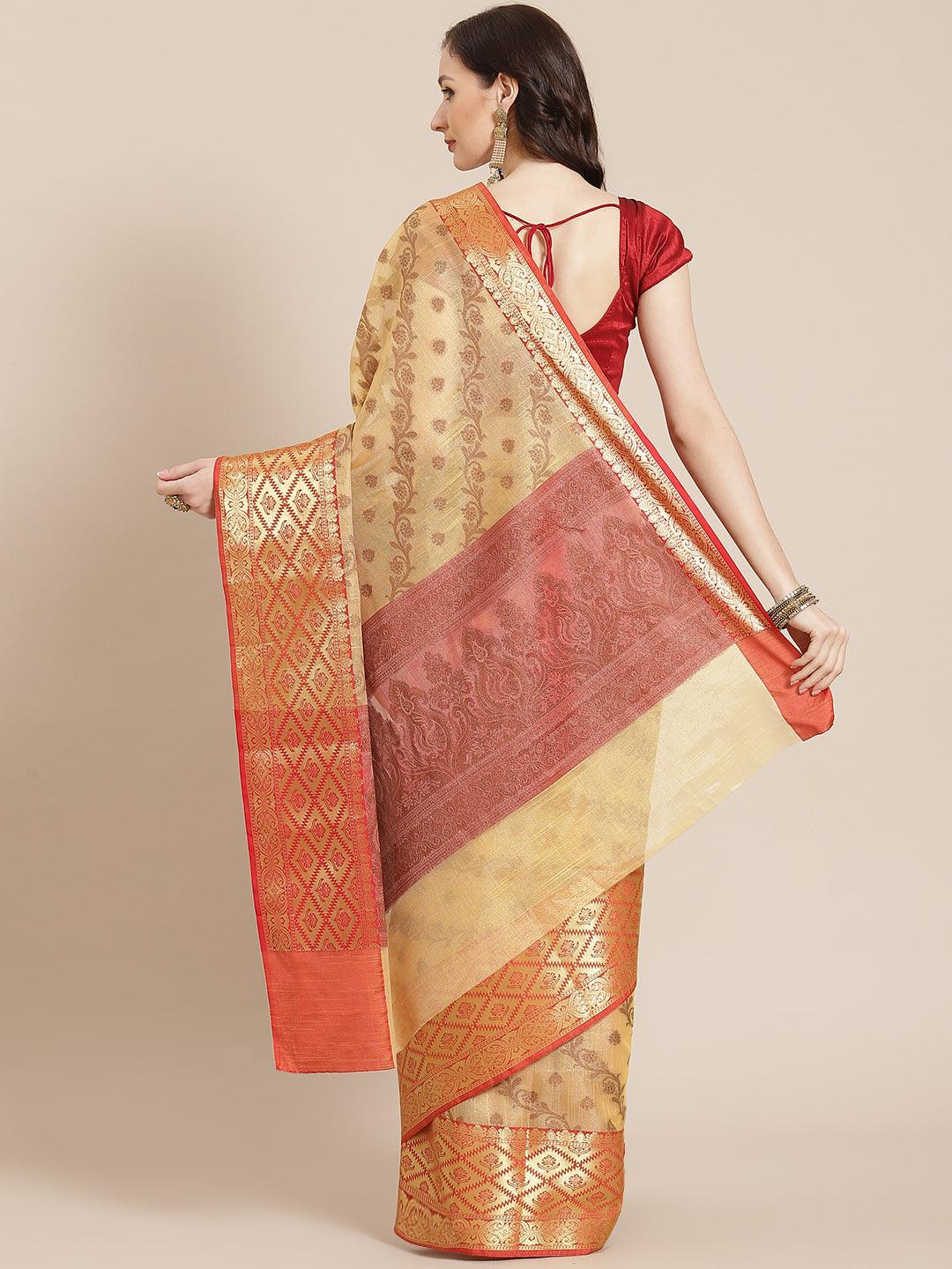 Women's Yellow Cotton Silk Saree - Varanasi - Indiakreations