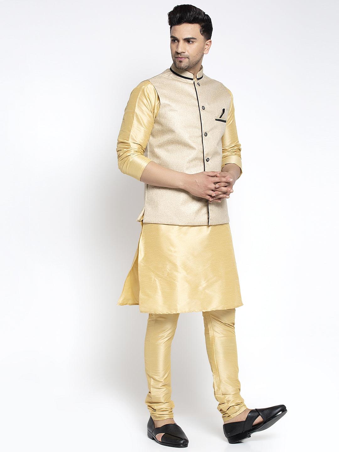 Men's Silk Blend Gold Kurta With Pyjama & Beige Nehru Jacket - Benstoke - Indiakreations