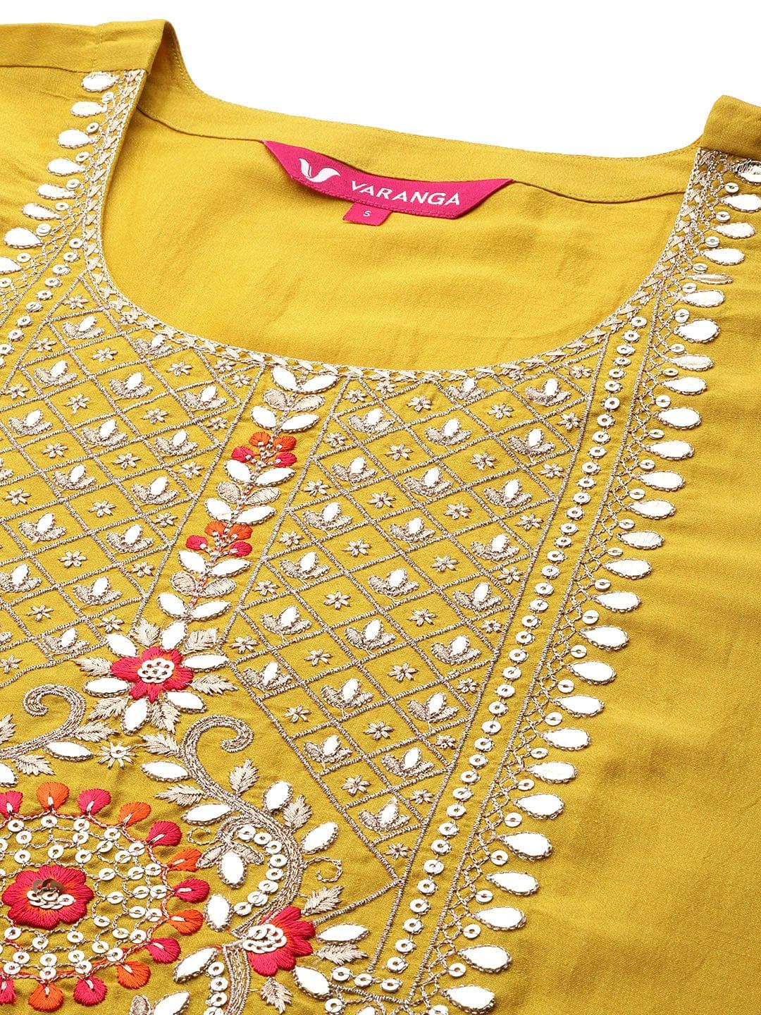 Varanga Women Yellow Ethnic Motifs Yoke Design Mirror Work Kurta with Trousers & With Dupatta - Indiakreations