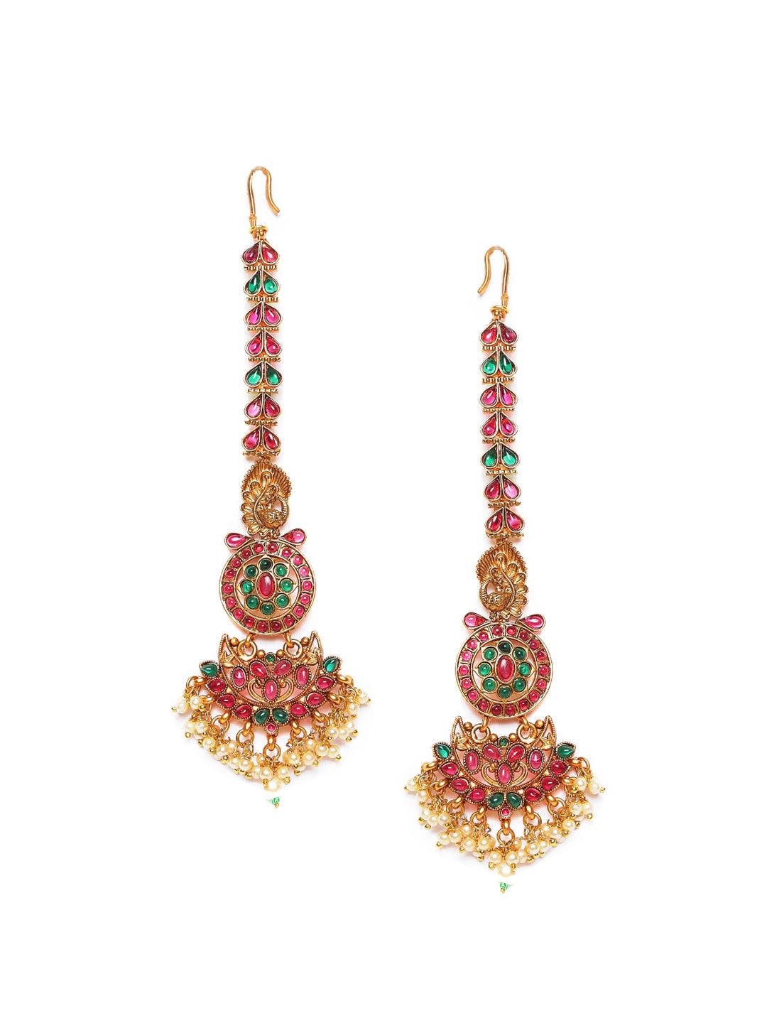 Women's Gold Plated Red & Green Kemp Studded & Pearl Beaded Peacock Maangtikka - Jazz and Sizzle - Indiakreations