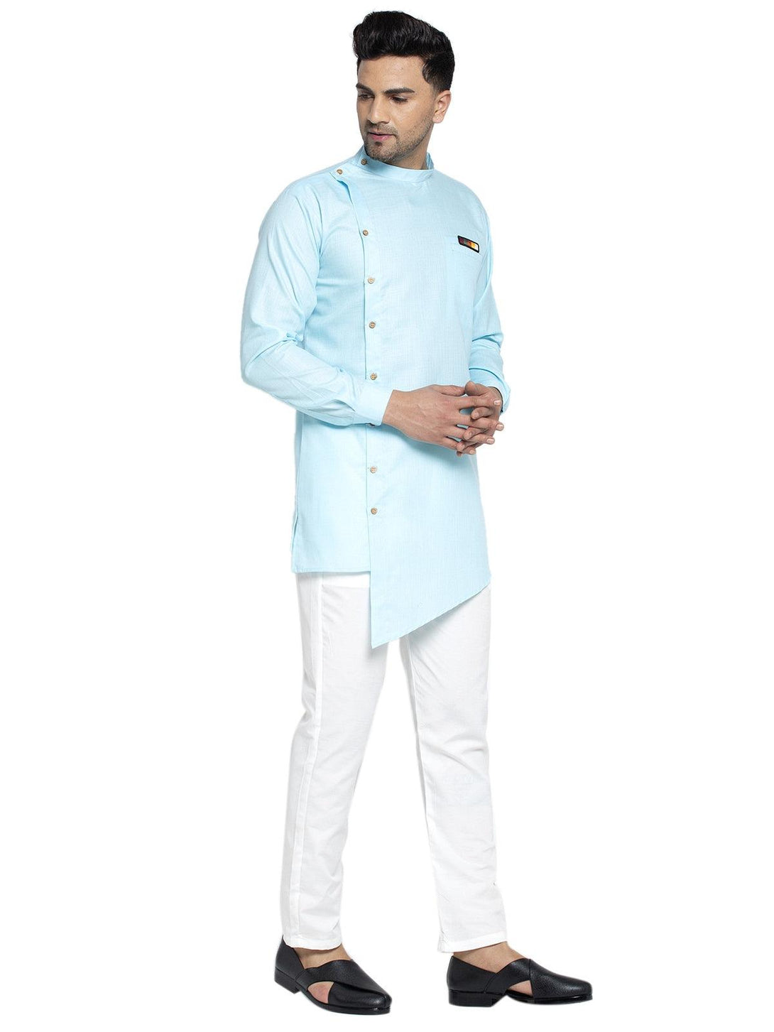 Men's Cotton Sky Blue Asymmetric Solid Kurta With White Trousers - Benstoke - Indiakreations