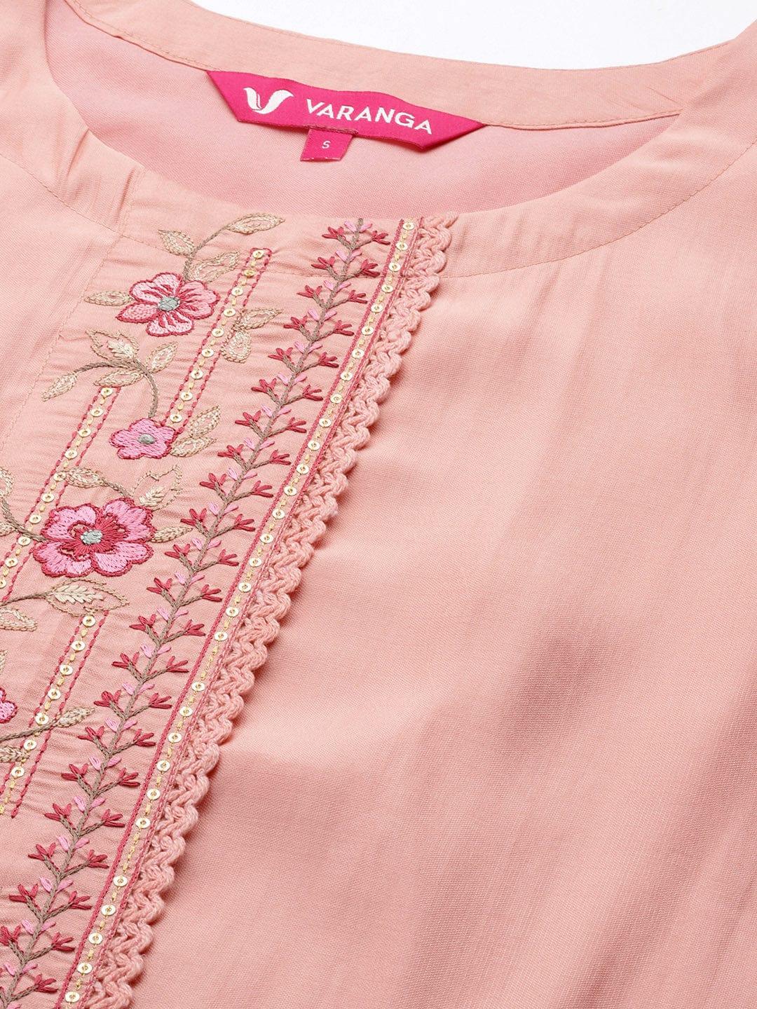 Varanga Women Peach-Coloured Embroidered Thread Work Kurta with Trousers & With Dupatta - Indiakreations