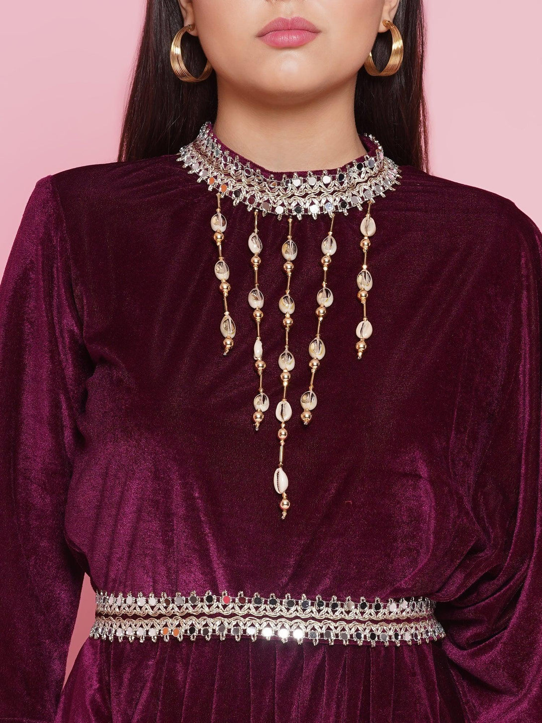 Women's Burgundy Velvet Kurta With Attached Neckalace,Belt And Pant - Women Republic - Indiakreations