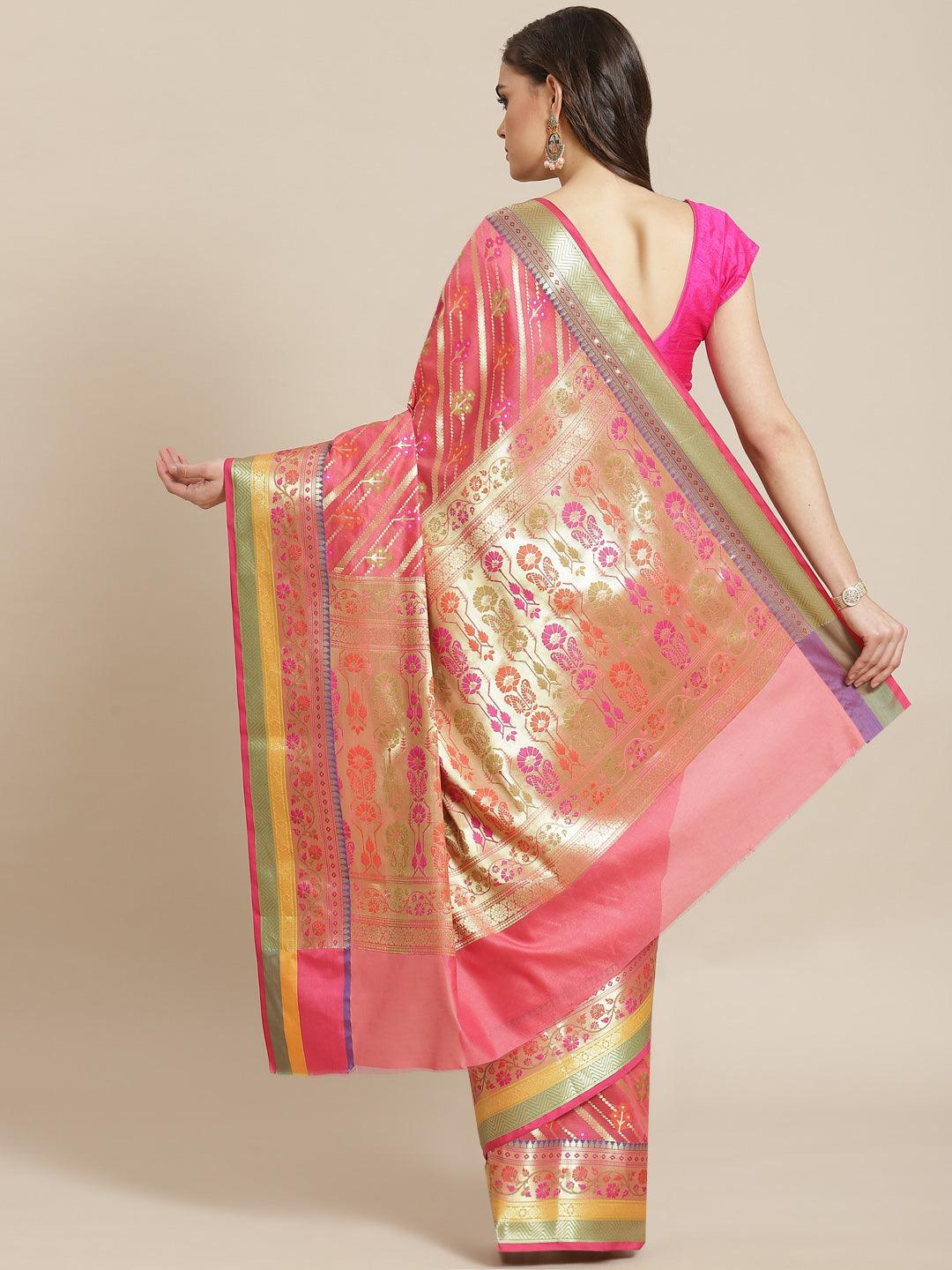 Women's Pink Silk Jaamdani Cutwork Saree - Varanasi - Indiakreations