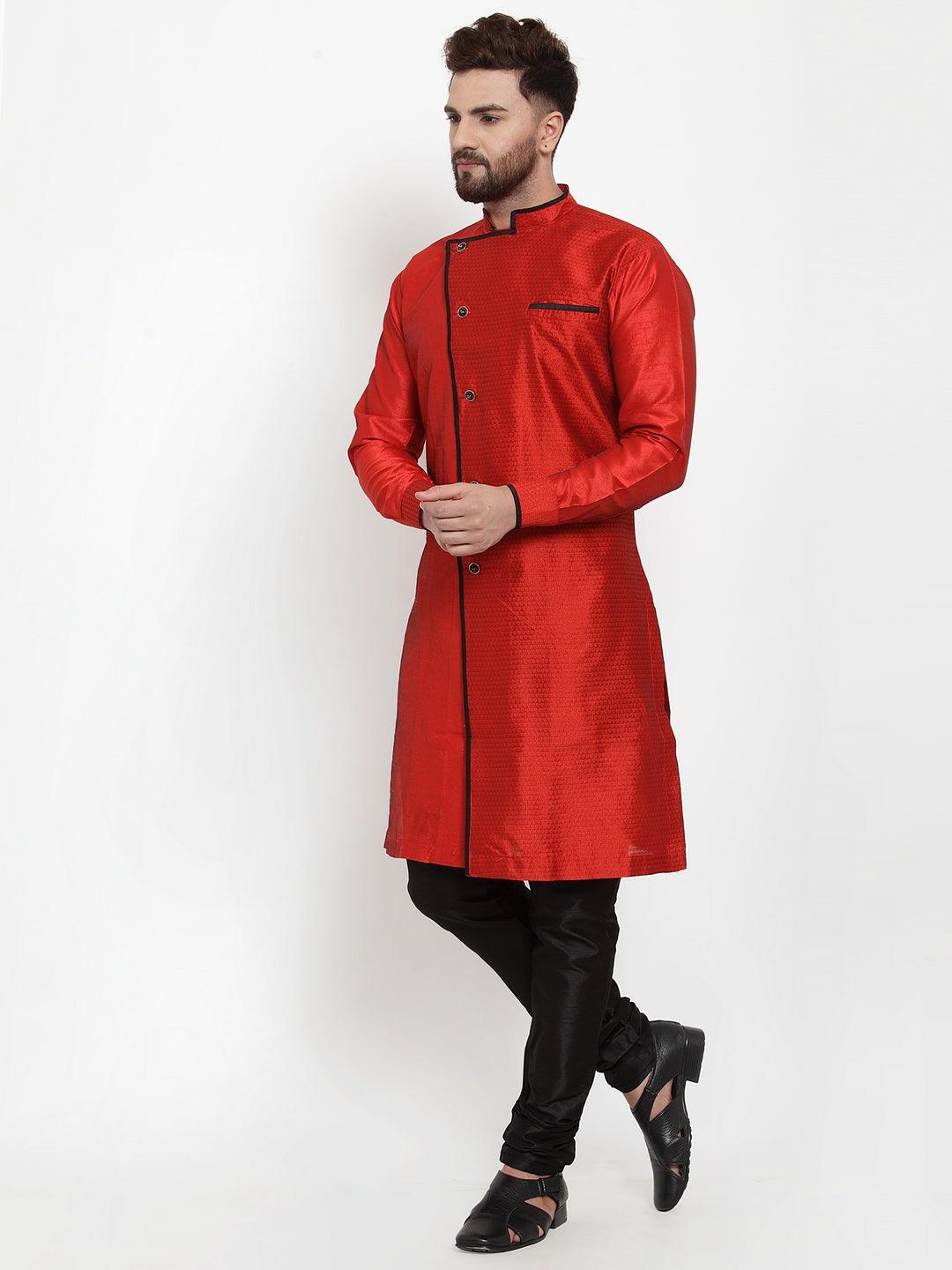 Men's Red Self Design Kurta With Black Churidaar Pyjama - Benstoke - Indiakreations