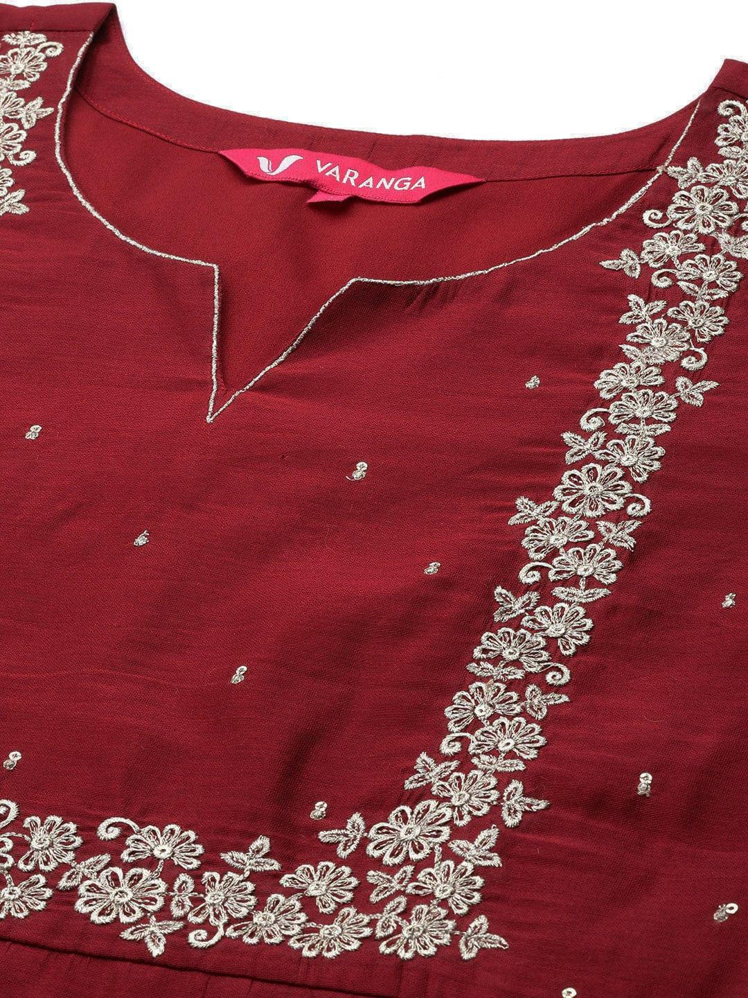 Varanga Women Maroon Ethnic Motifs Embroidered Kurta with Trousers & With Dupatta - Indiakreations