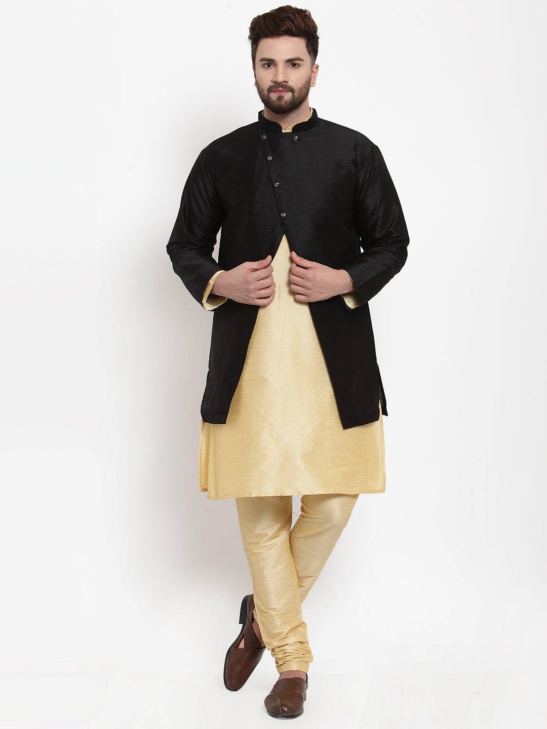 Men's Gold Kurta With Pyjama & Black Self Design Jacket - Benstoke