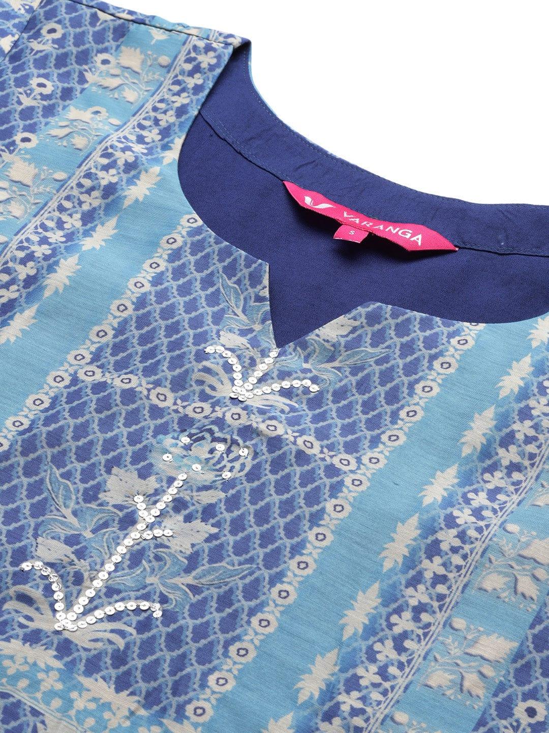 Varanga Women Blue Floral Printed Sequinned Kurta with Trousers & With Dupatta - Indiakreations