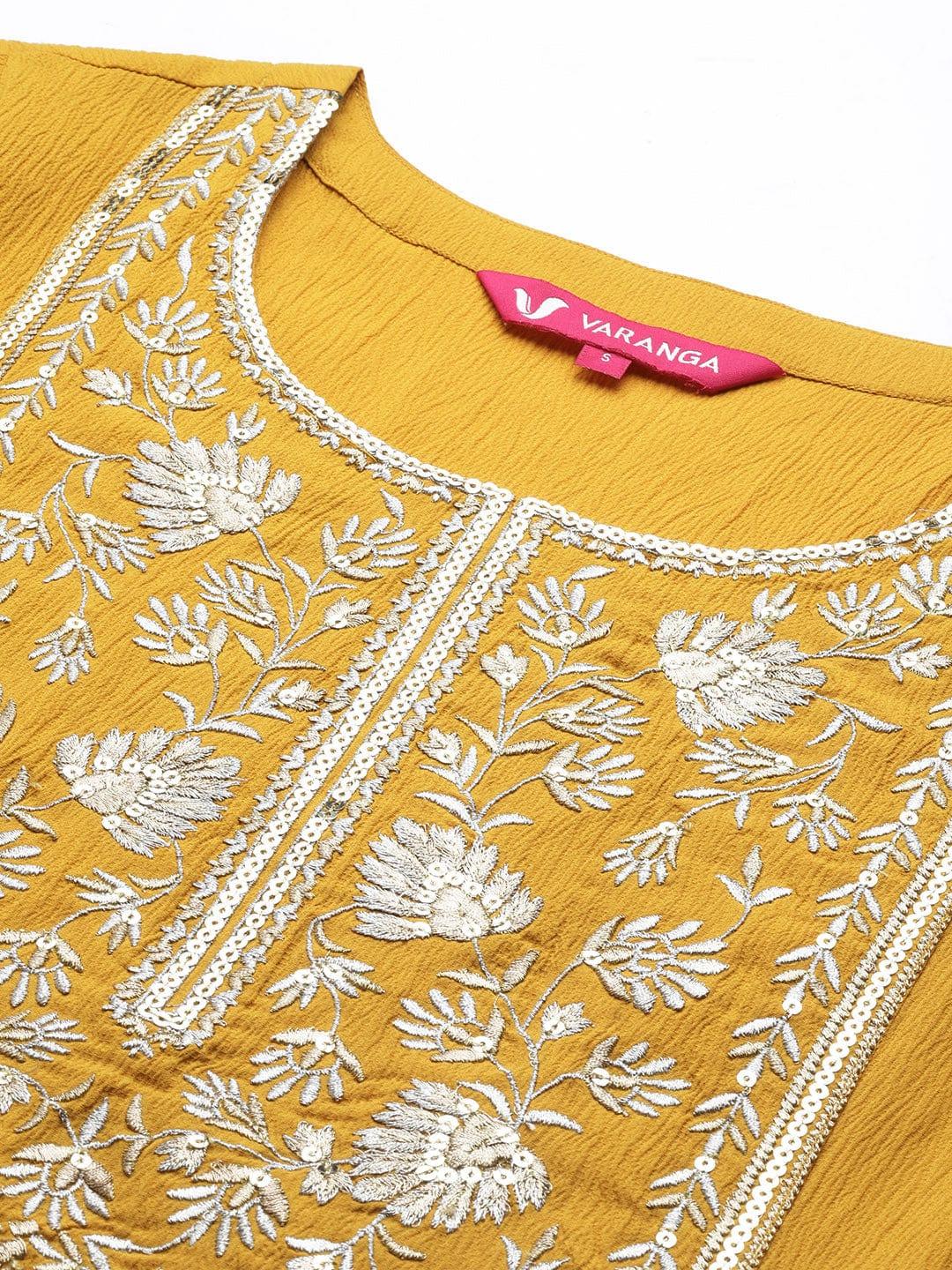 Varanga Women Mustard Yellow Floral Embroidered Zardozi Kurta with Trousers & With Dupatta - Indiakreations