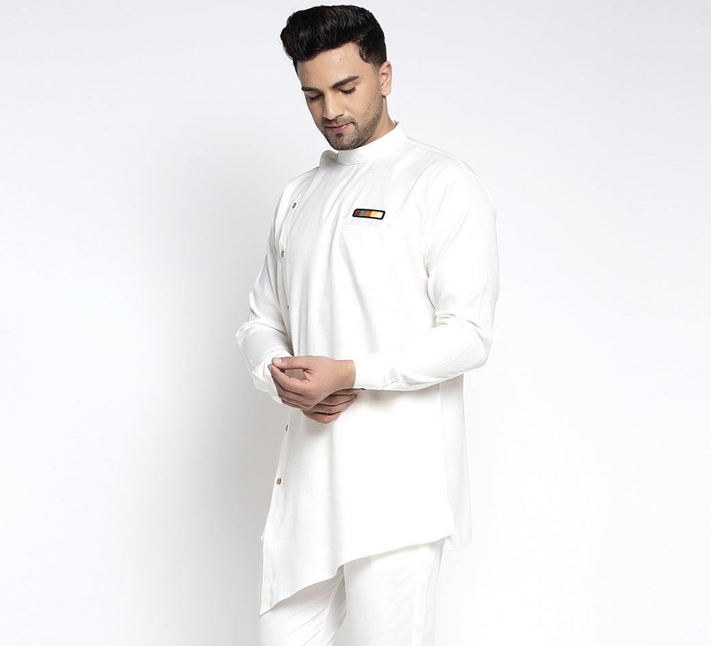 Men's White Solid Short Kurta - Benstoke - Indiakreations