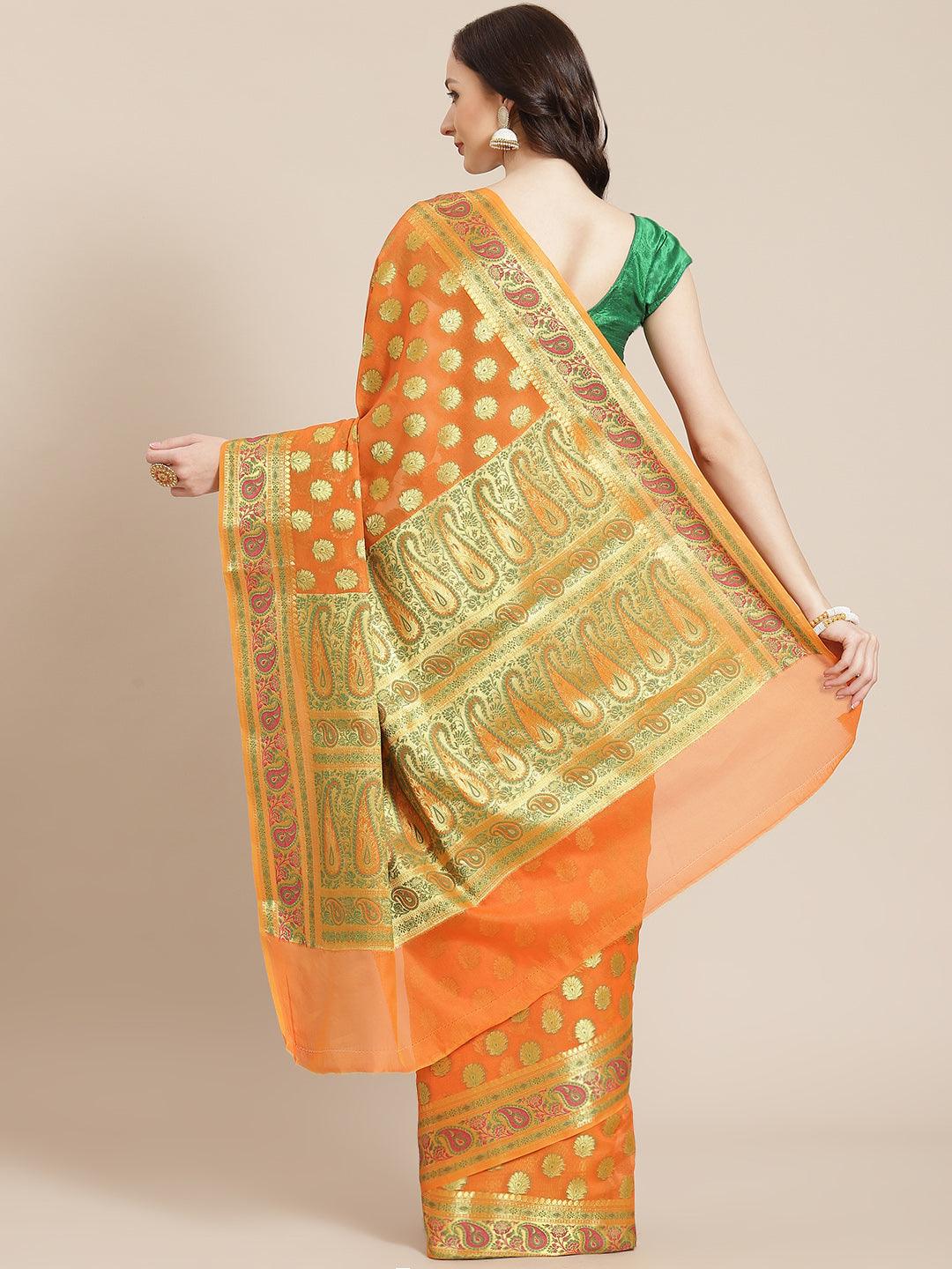 Women's Orange Semi Silk Cutwork Saree - Varanasi - Indiakreations