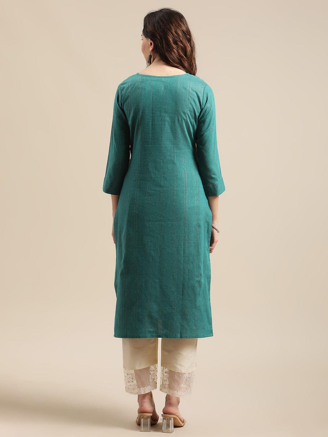 Turquoise Lurex Yoke Embroidery Straight Kurta - Indiakreations