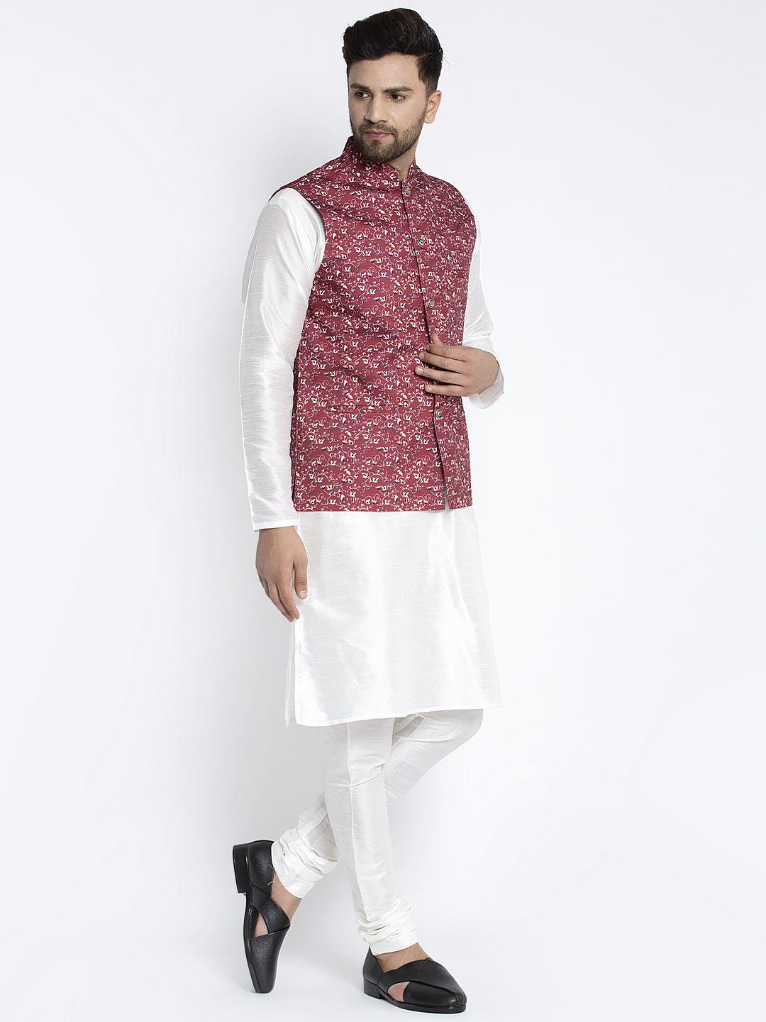 Men's Maroon & Multi Printed Nehru Jacket - Benstoke - Indiakreations