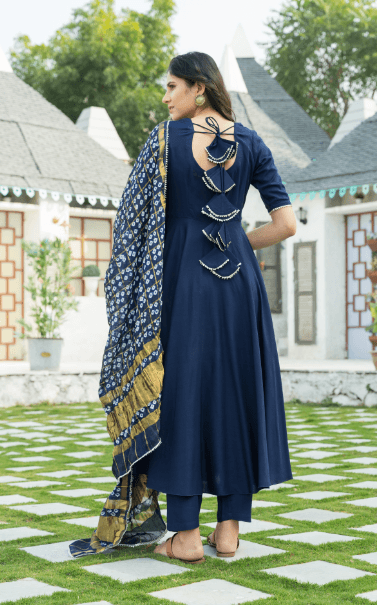 Women's Midnight Blue Kurta Set with Bandej Dupatta - Indiakreations