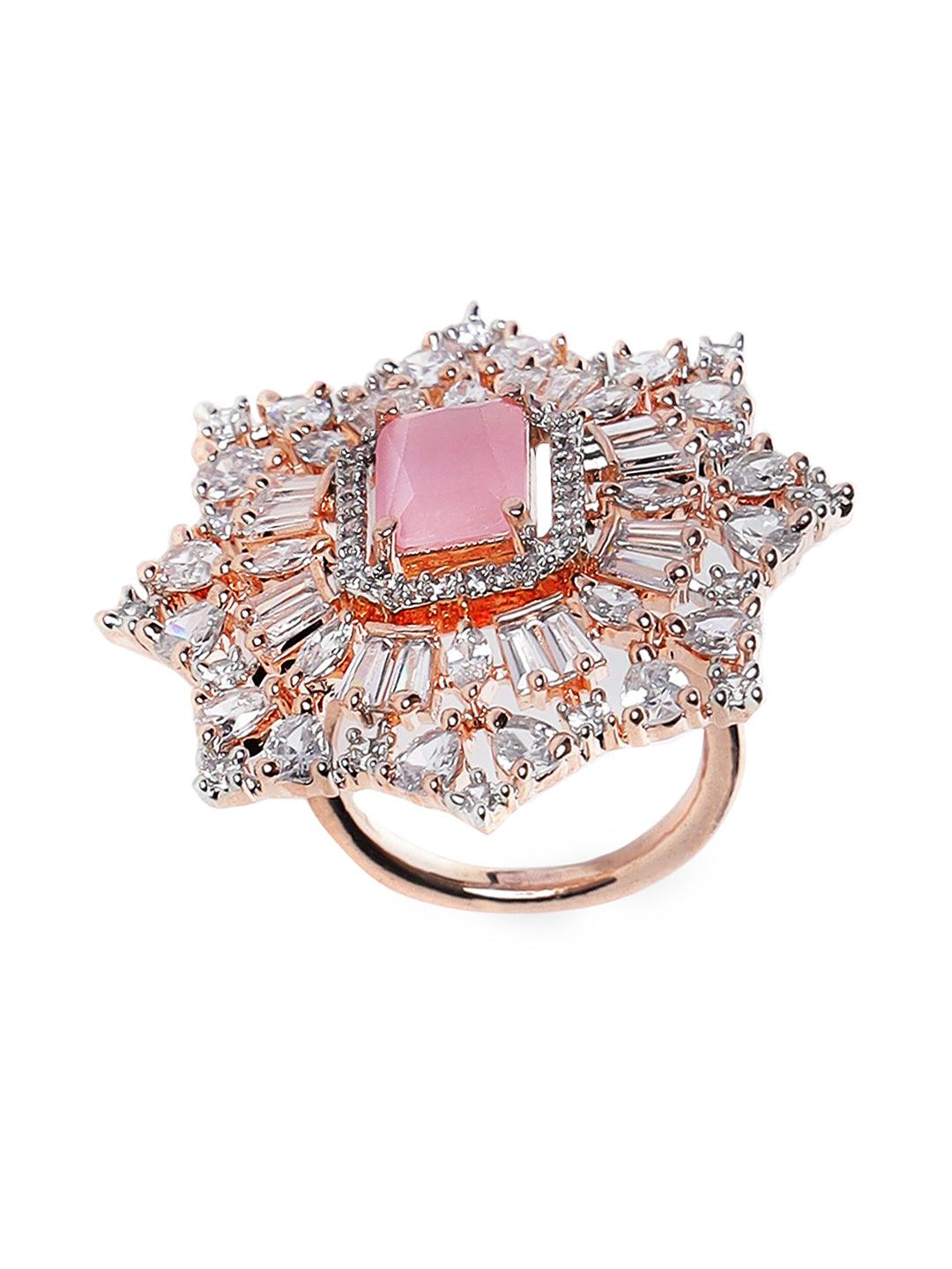 Women's Rose Gold-Plated Pink Ruby & White AD-Studded Handcrafted Adjustable Finger Ring - Jazz and Sizzle - Indiakreations