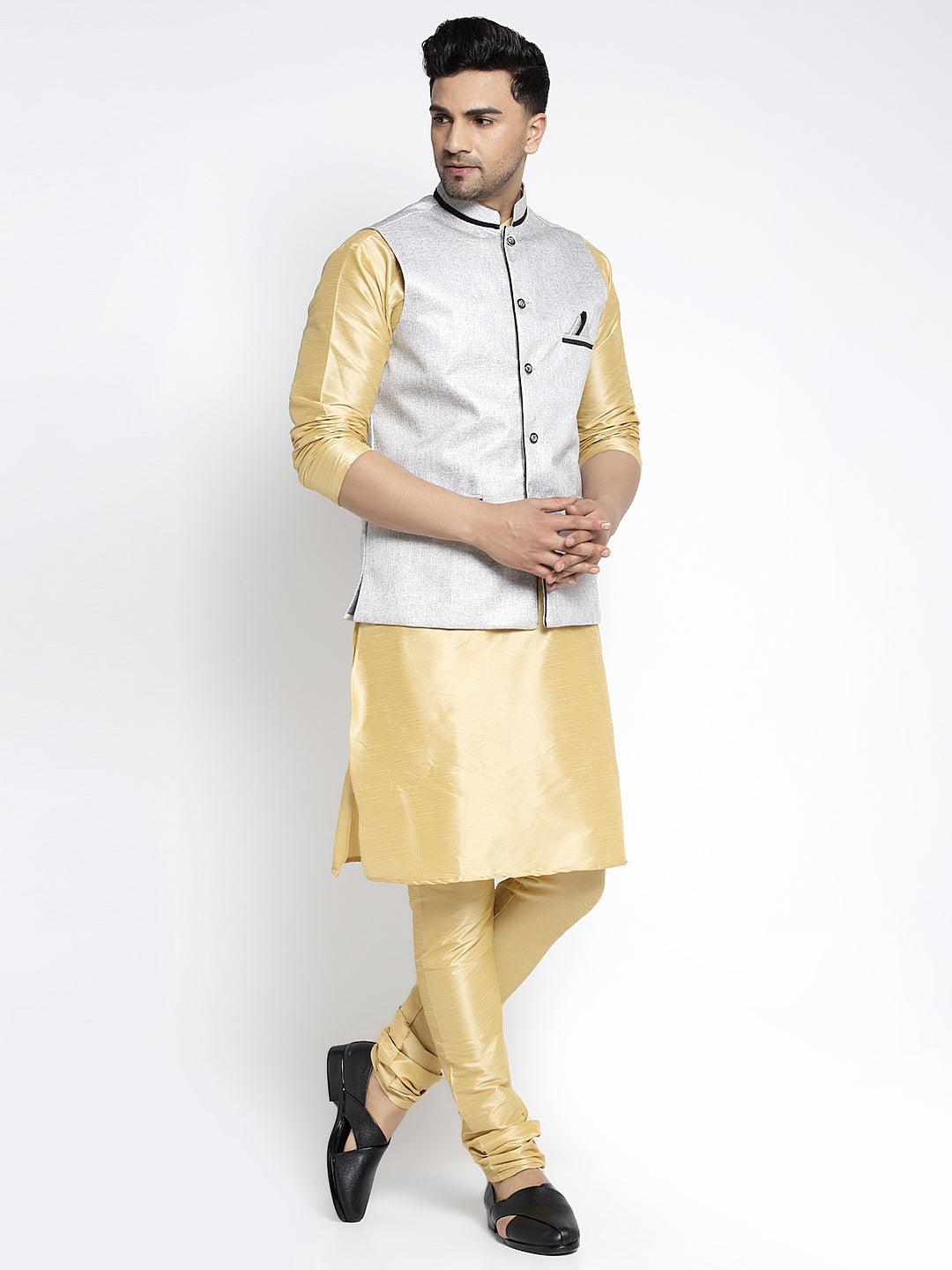 Men's Silk Blend Gold Kurta With Pyjama & Grey Nehru Jacket - Benstoke - Indiakreations