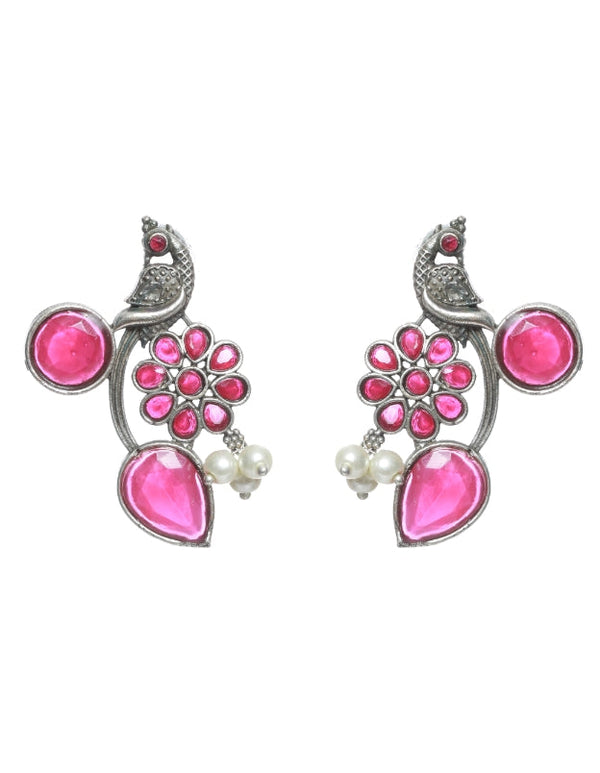 Women's  Silver Toned Oxidised-Pink Stone Studded Contemporary Peacock Shaped Drop Earrings - Jazz And Sizzle