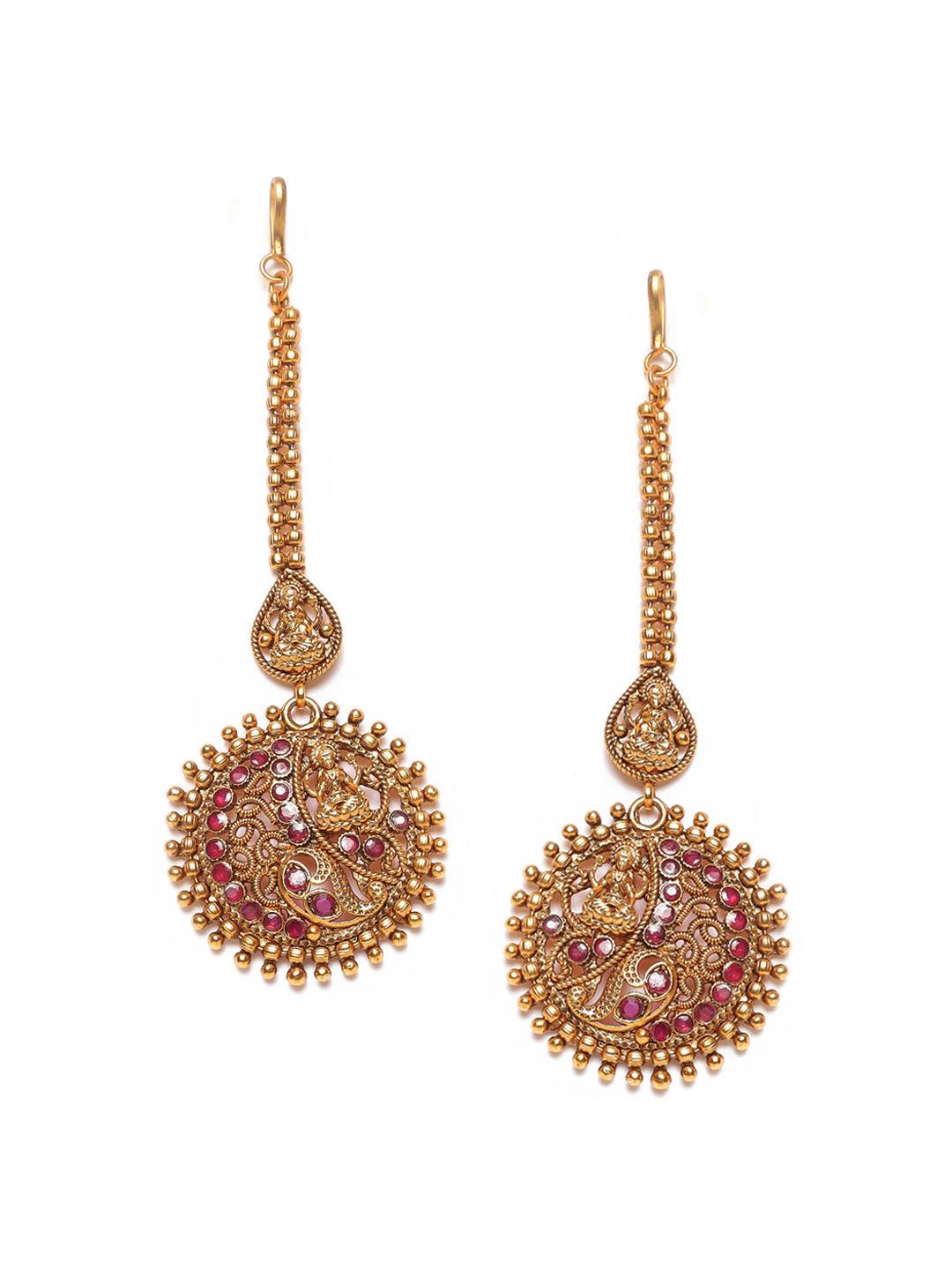 Women's Gold-Plated Maroon Studded & Beaded Handcrafted Maangtikka - Jazz and Sizzle - Indiakreations