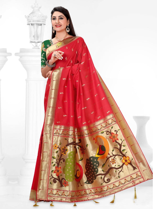 Woven Art Silk Saree in Red with Designer Embroidery Green Blouse