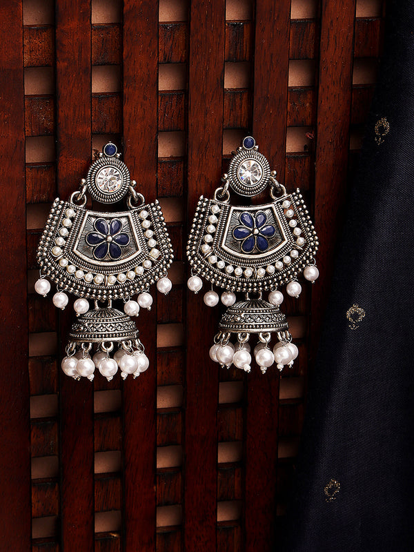 Women's Blue Meenakari Kundan & Pearl Floral Ethnic Drop Jhumka Earrings - Jazz and Sizzle