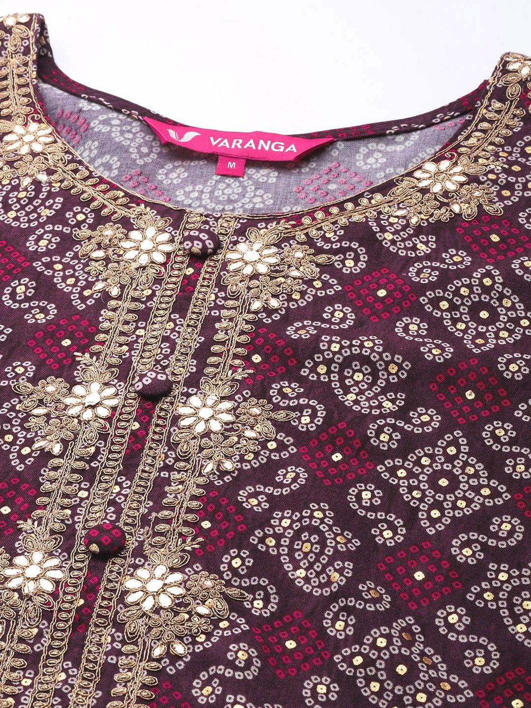 Varanga Women Burgundy & Golden Bandhani Printed Mirror Work Kurta - Indiakreations