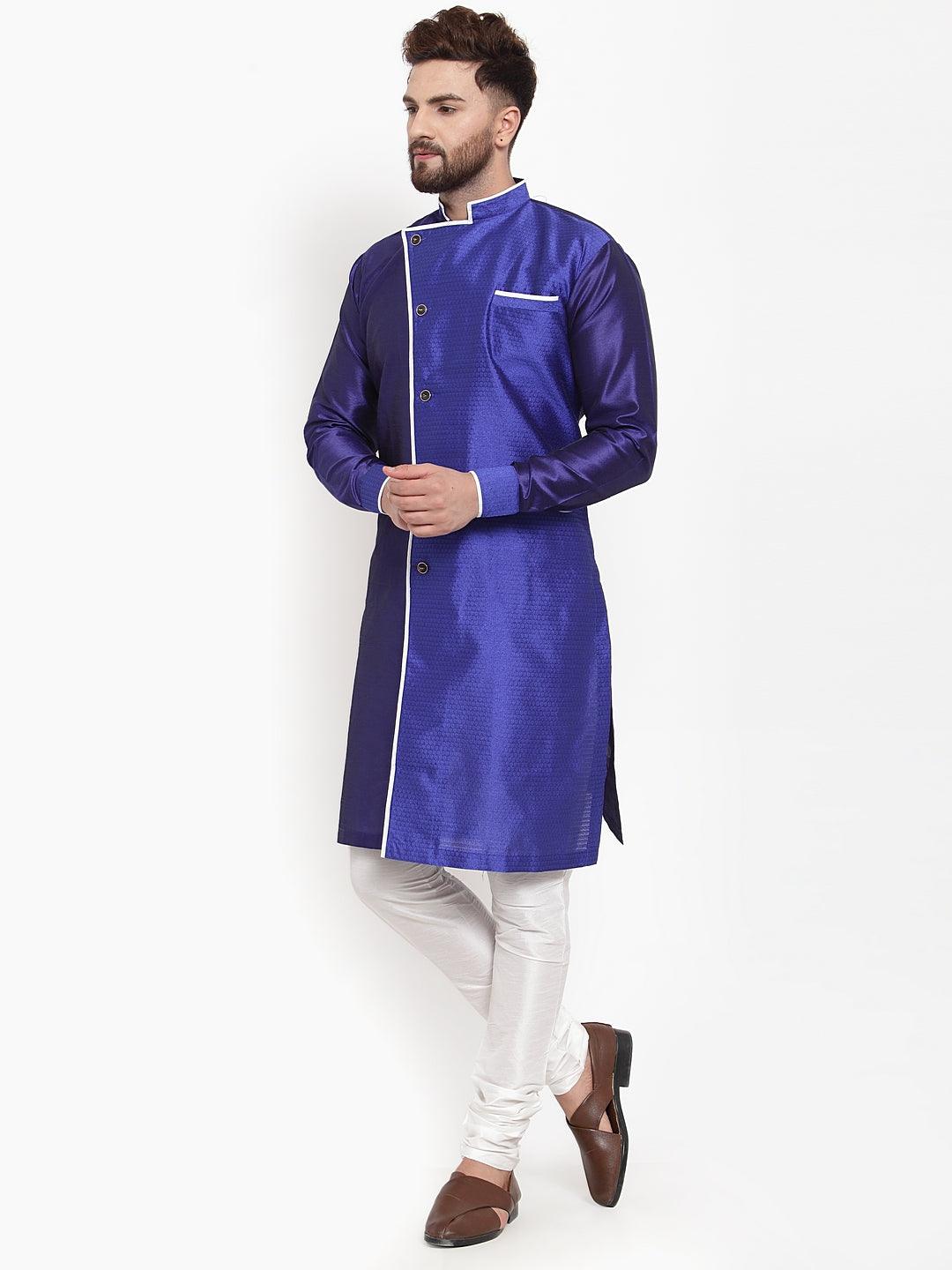 Men's Royal Blue Self Design Kurta With White Churidaar Pyjama - Benstoke - Indiakreations