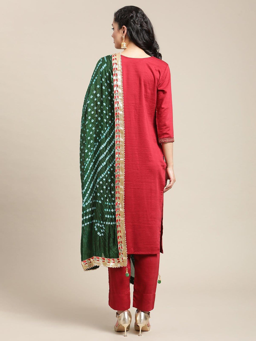 Women Maroon & Green Floral Yoke Design Thread Work Kurta & Trousers & Dupatta - Indiakreations