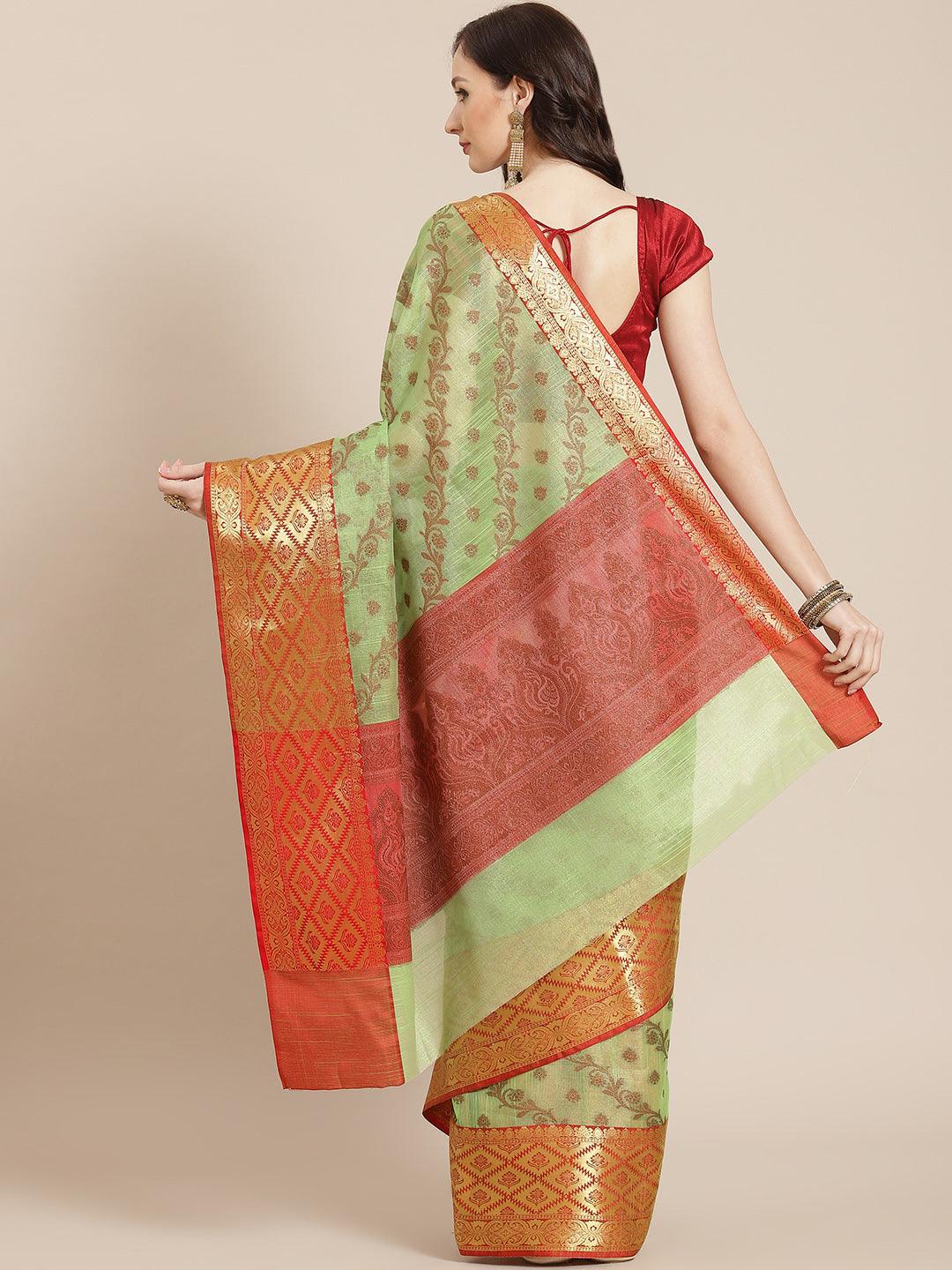 Women's Green Cotton Silk Saree - Varanasi - Indiakreations