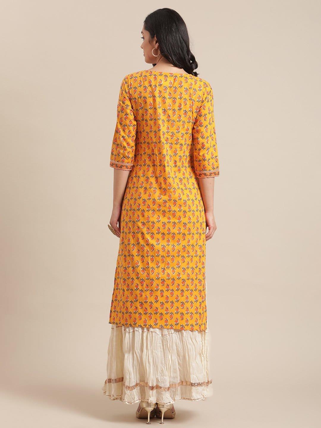 Mustard Floral Printed Kurta With Gota Work On Yoke And 3/4Th Sleeves - Indiakreations