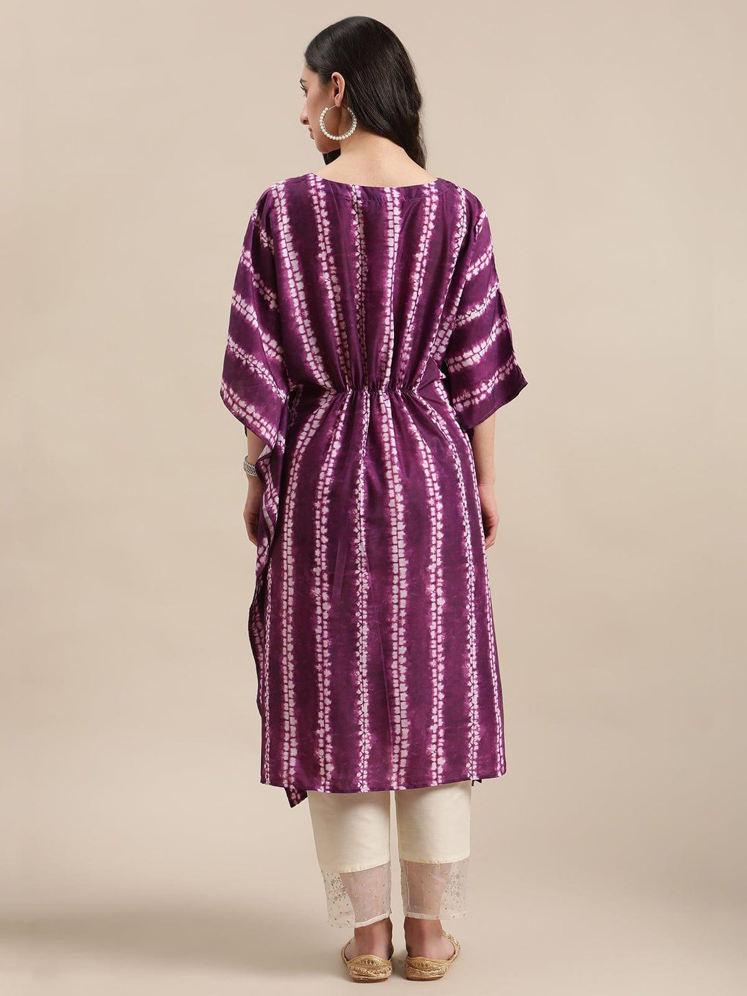 Purple And White Printed V- Neck Lace Embellished Kaftan - Indiakreations